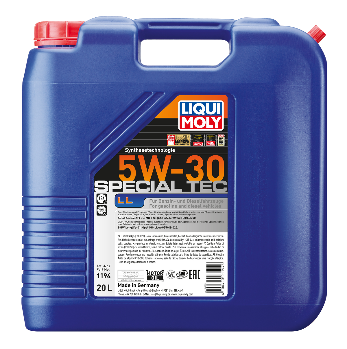 Liqui Moly Special Tec LL 5W-30 engine oil container with label showing product details and brand logo.