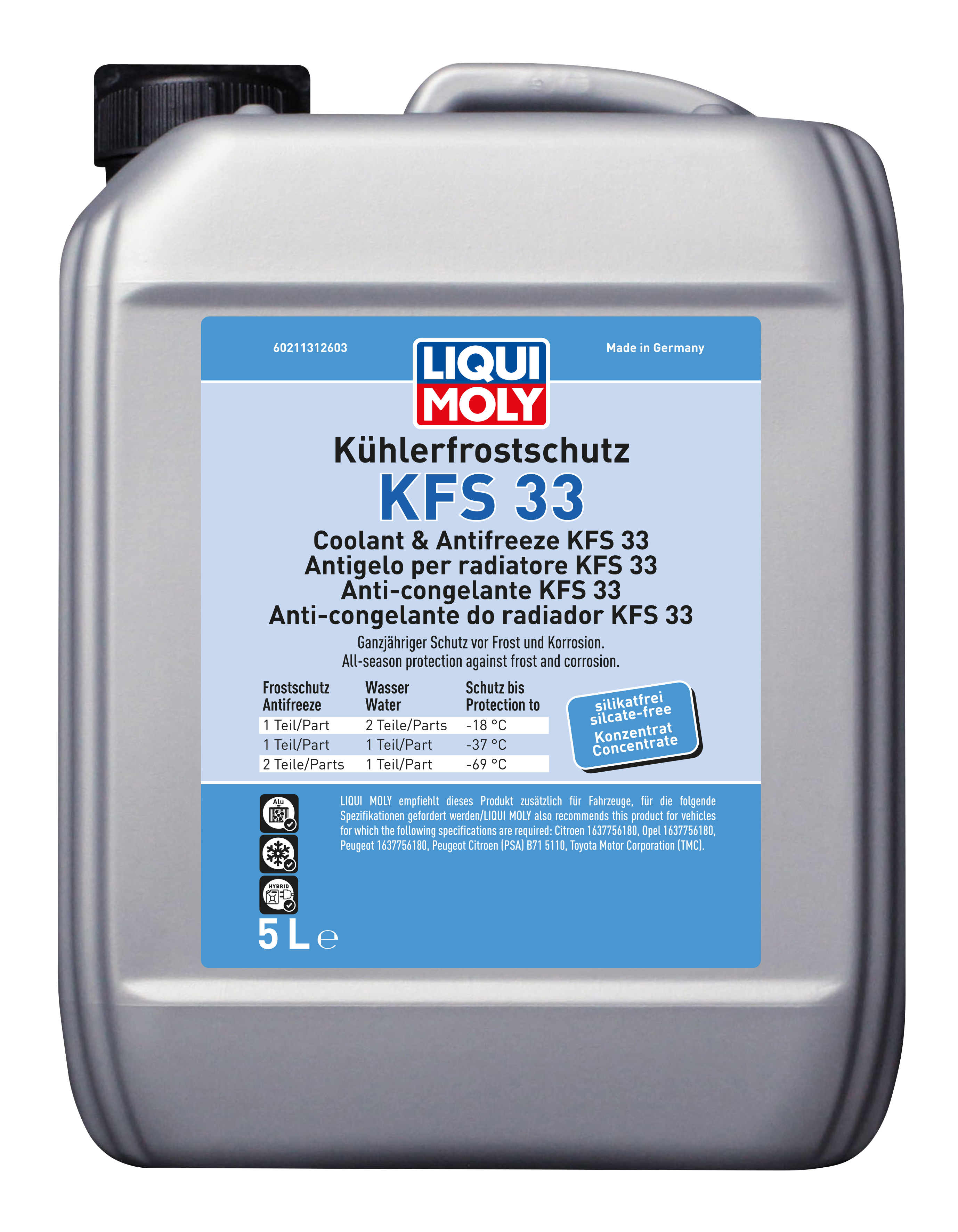 Liqui Moly Radiator Antifreeze KFS 33 coolant bottle with label, designed for vehicle radiator protection and engine cooling.
