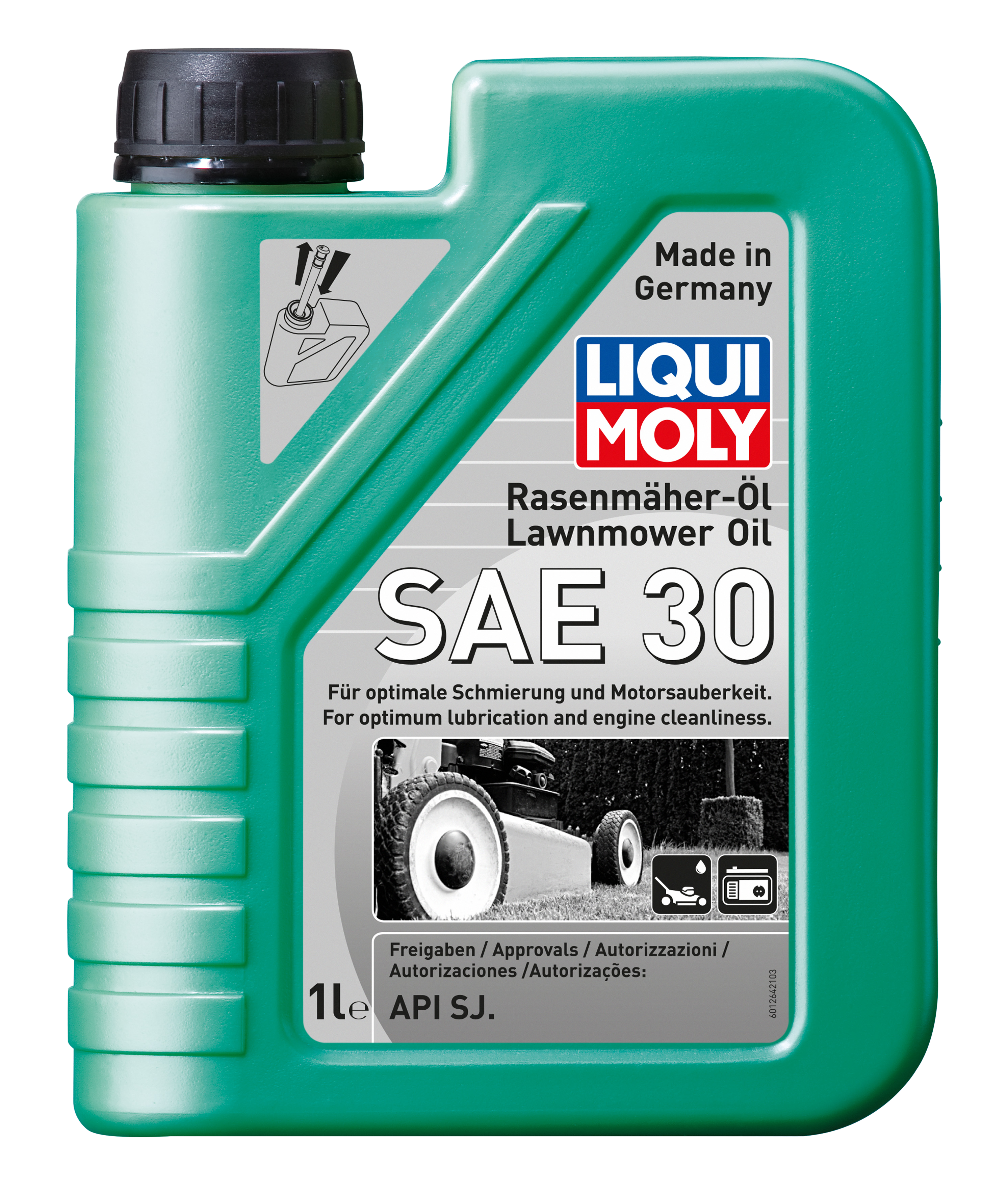 Liqui Moly Lawnmower Oil SAE 30 bottle for commercial and agricultural use, with brand label and product details visible.