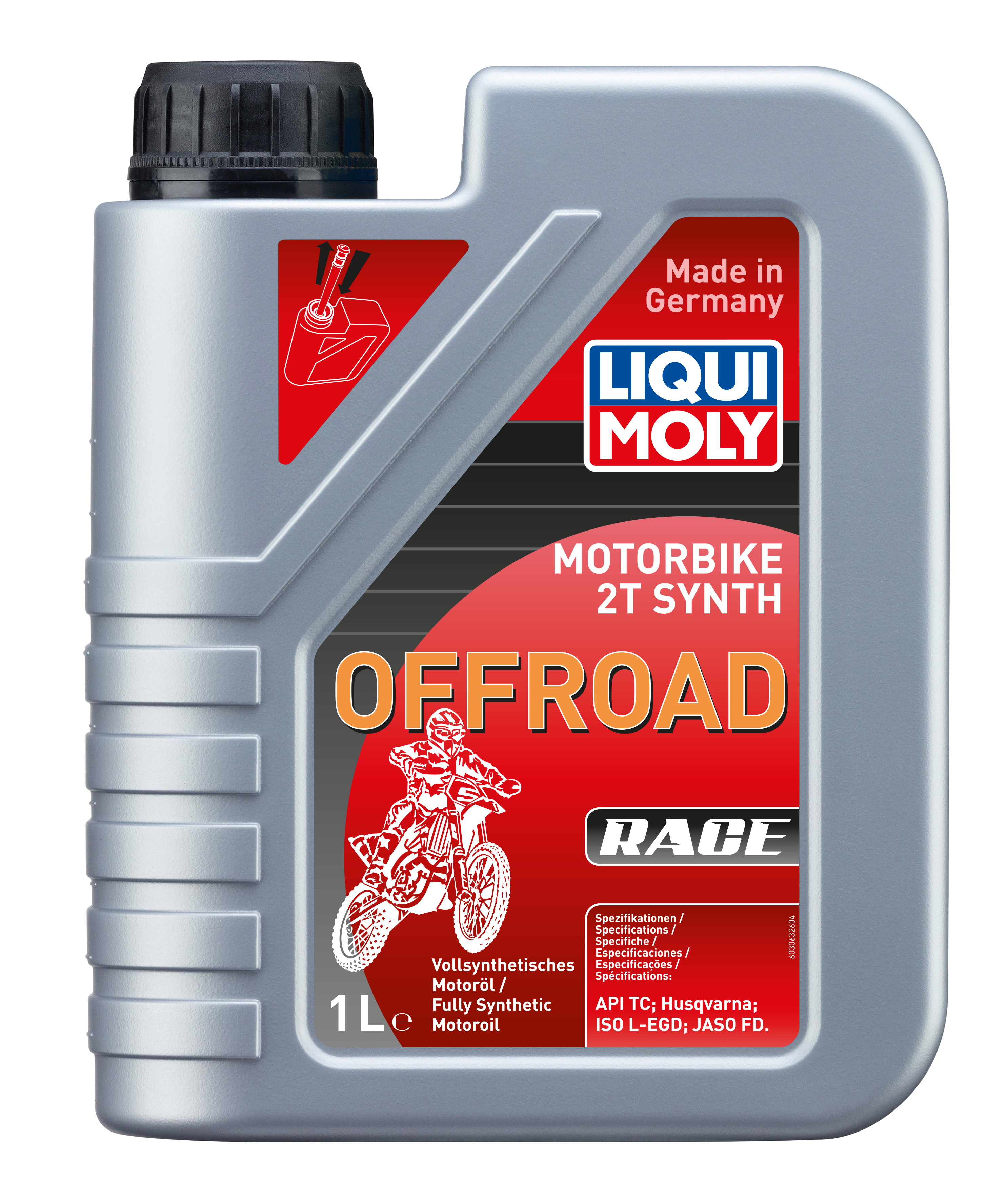 Liqui Moly Motorbike 2T Synth Offroad Race motorcycle oil bottle with label and cap, designed for off-road racing engines.