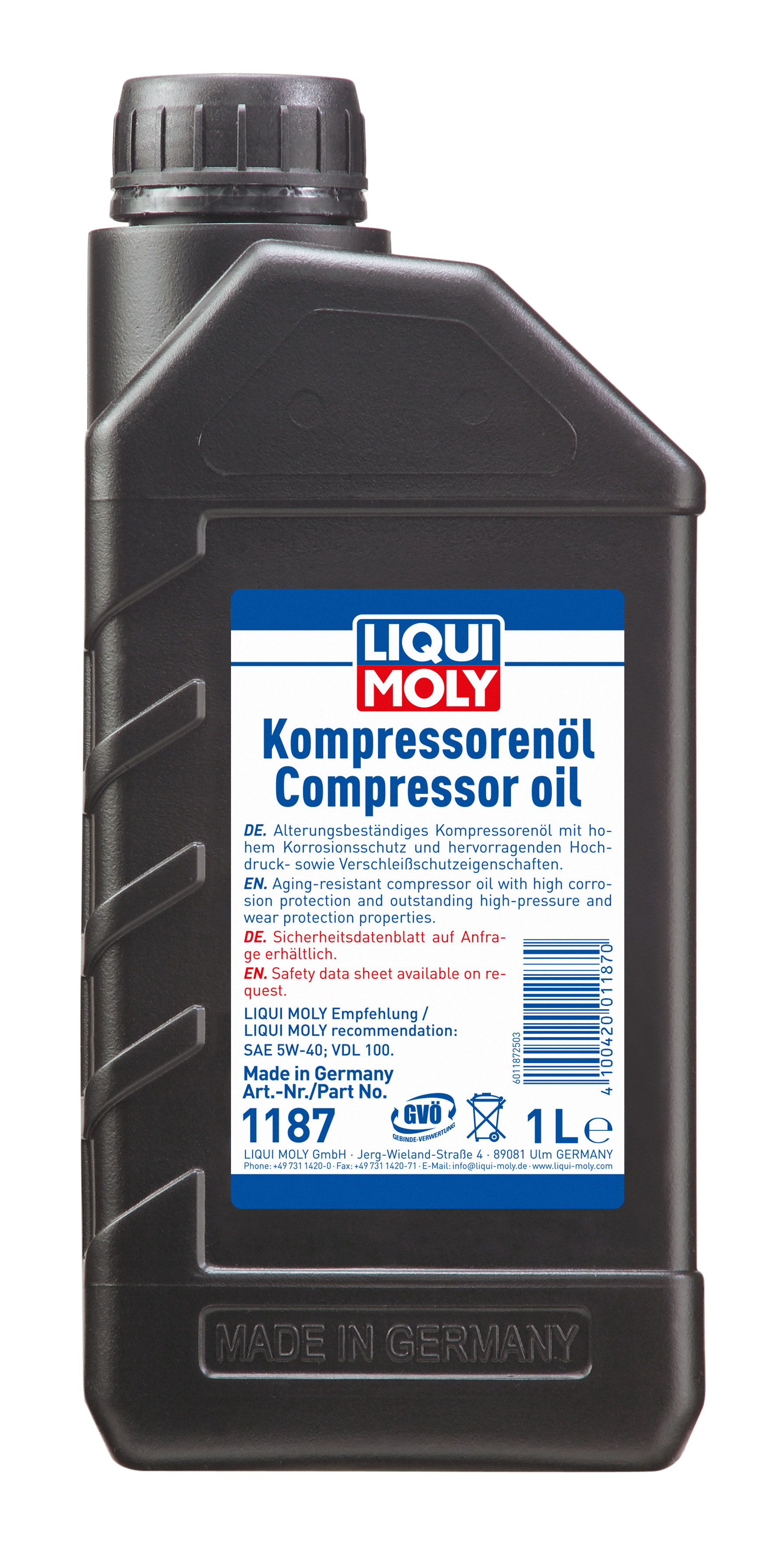 Liqui Moly Compressor Oil 1L for commercial and agricultural use, showing a 1-liter bottle with Liqui Moly branding.