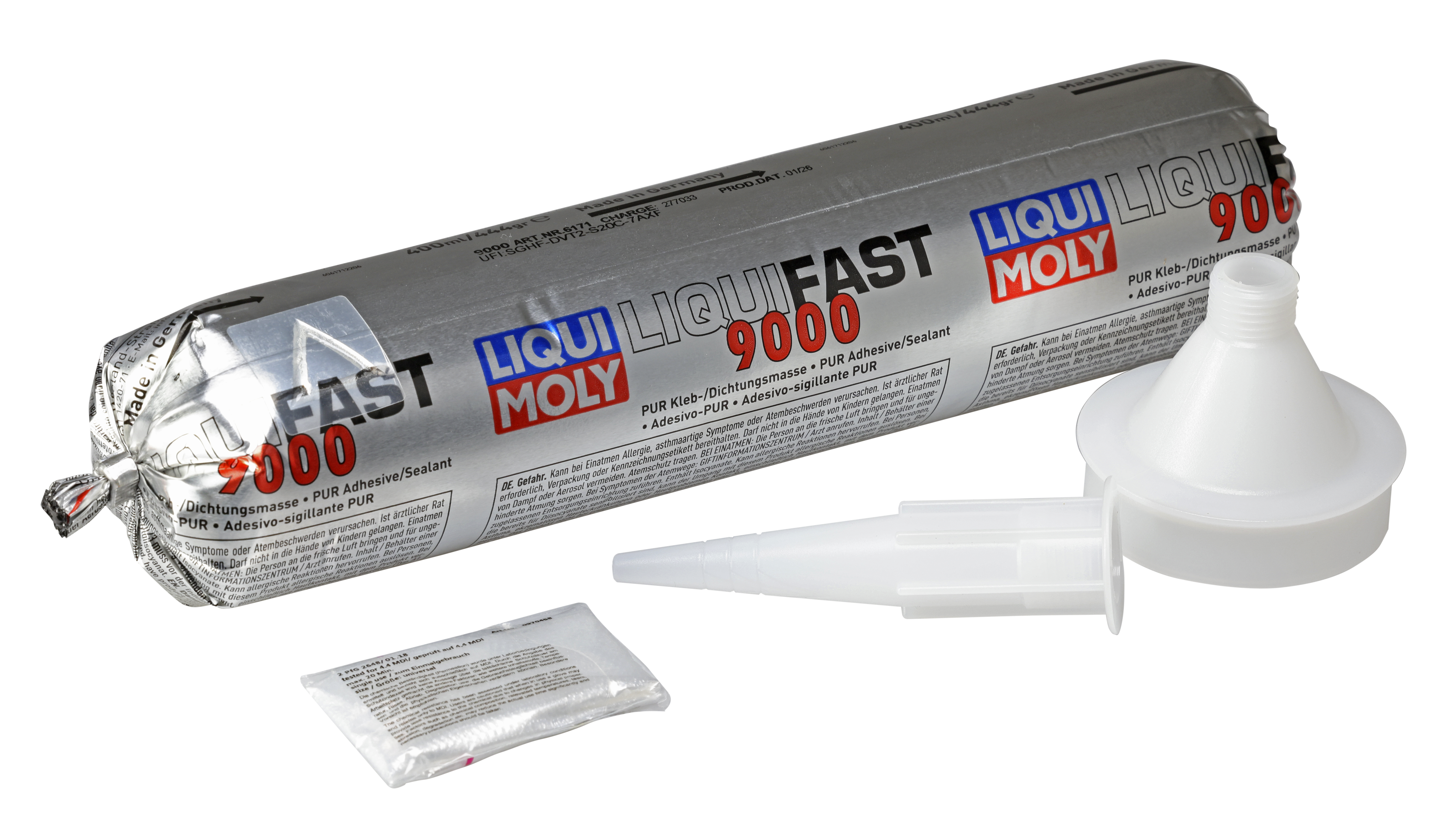 Liqui Moly Liquifast 9000 400ml adhesive and sealant bag, ready for automotive repair use.