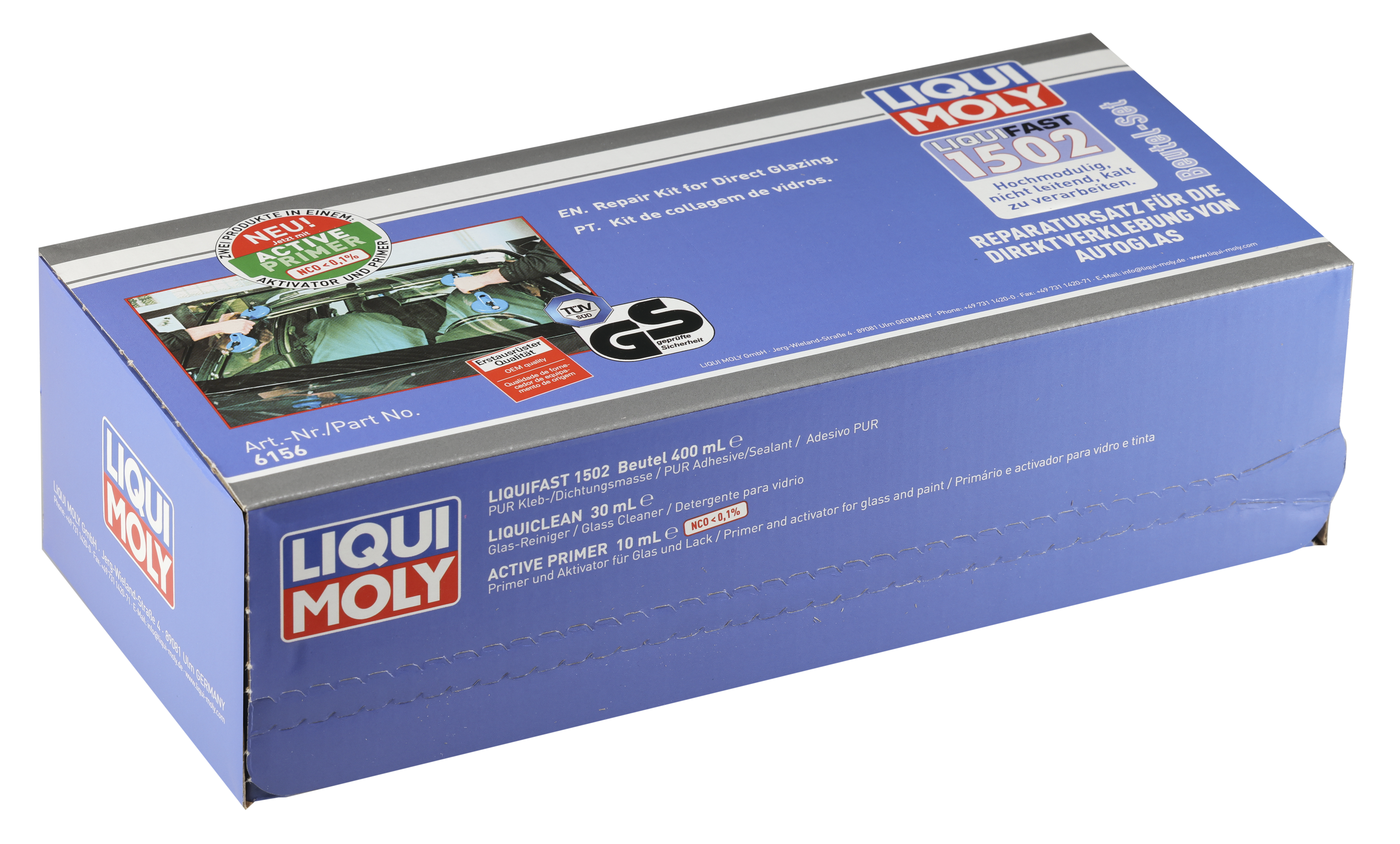 Liqui Moly Liquifast 1502 adhesive and sealant bag set, 1 piece, for automotive repairs, with tubes and applicator tips visible.