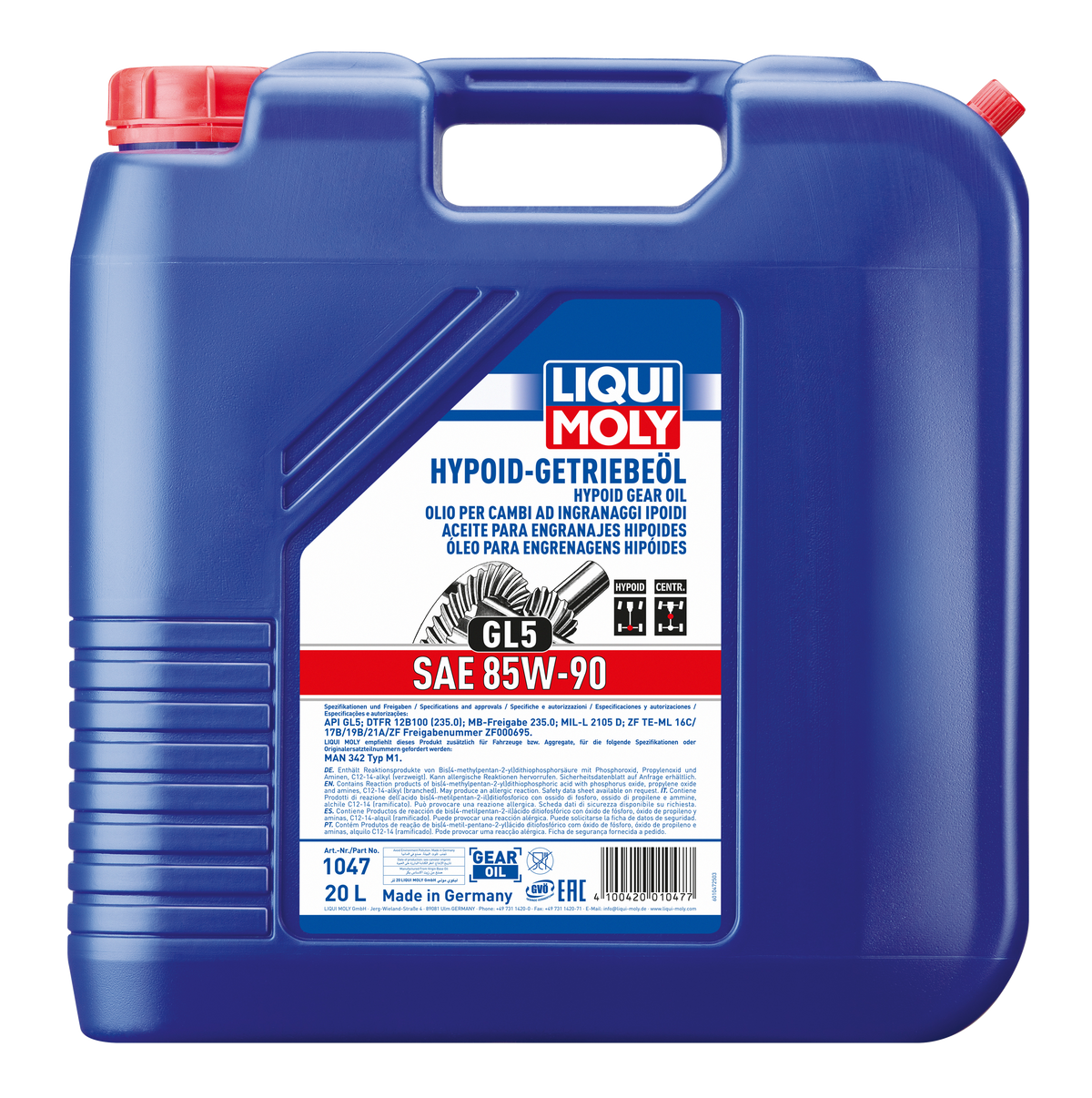 Liqui Moly Hypoid Gear Oil GL5 SAE 85W-90 gearbox fluid container with label showing product details and brand logo.