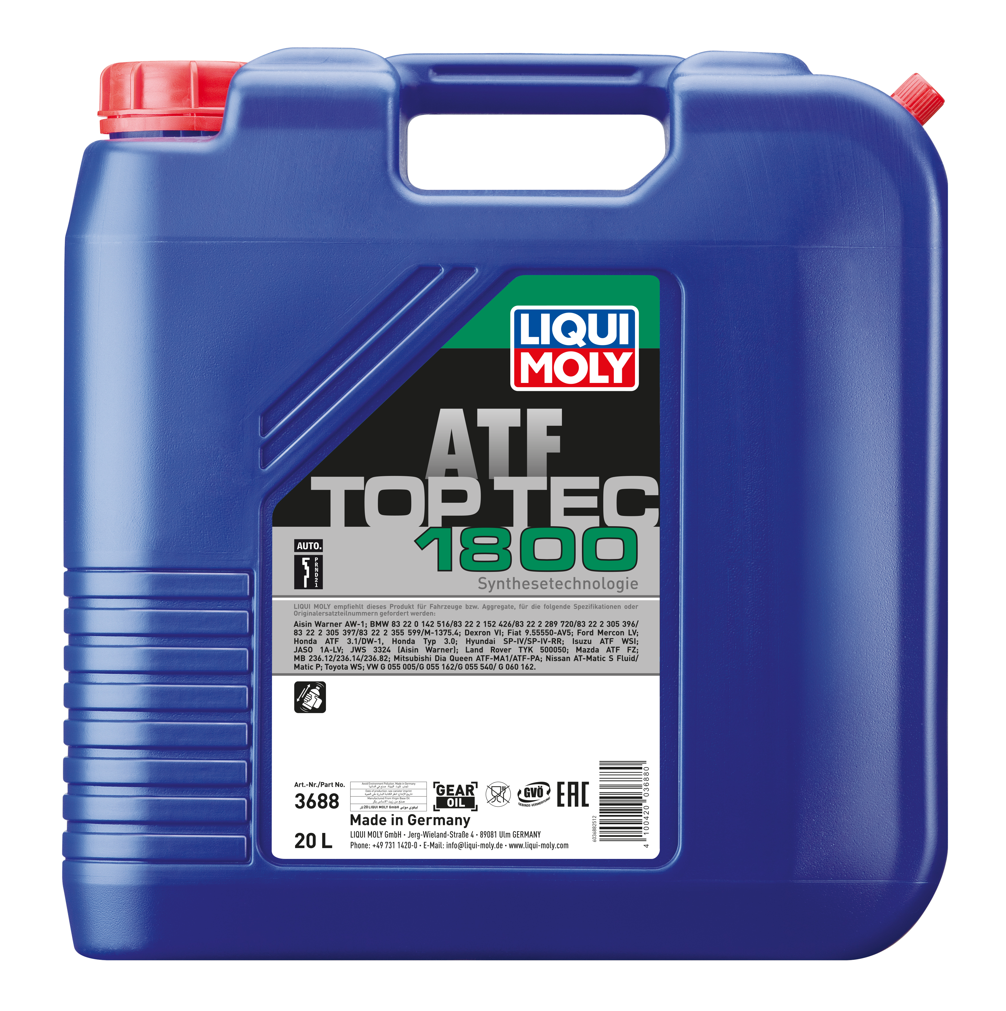 Liqui Moly Top Tec ATF 1800 gearbox fluid bottle with label showing product details and brand logo.