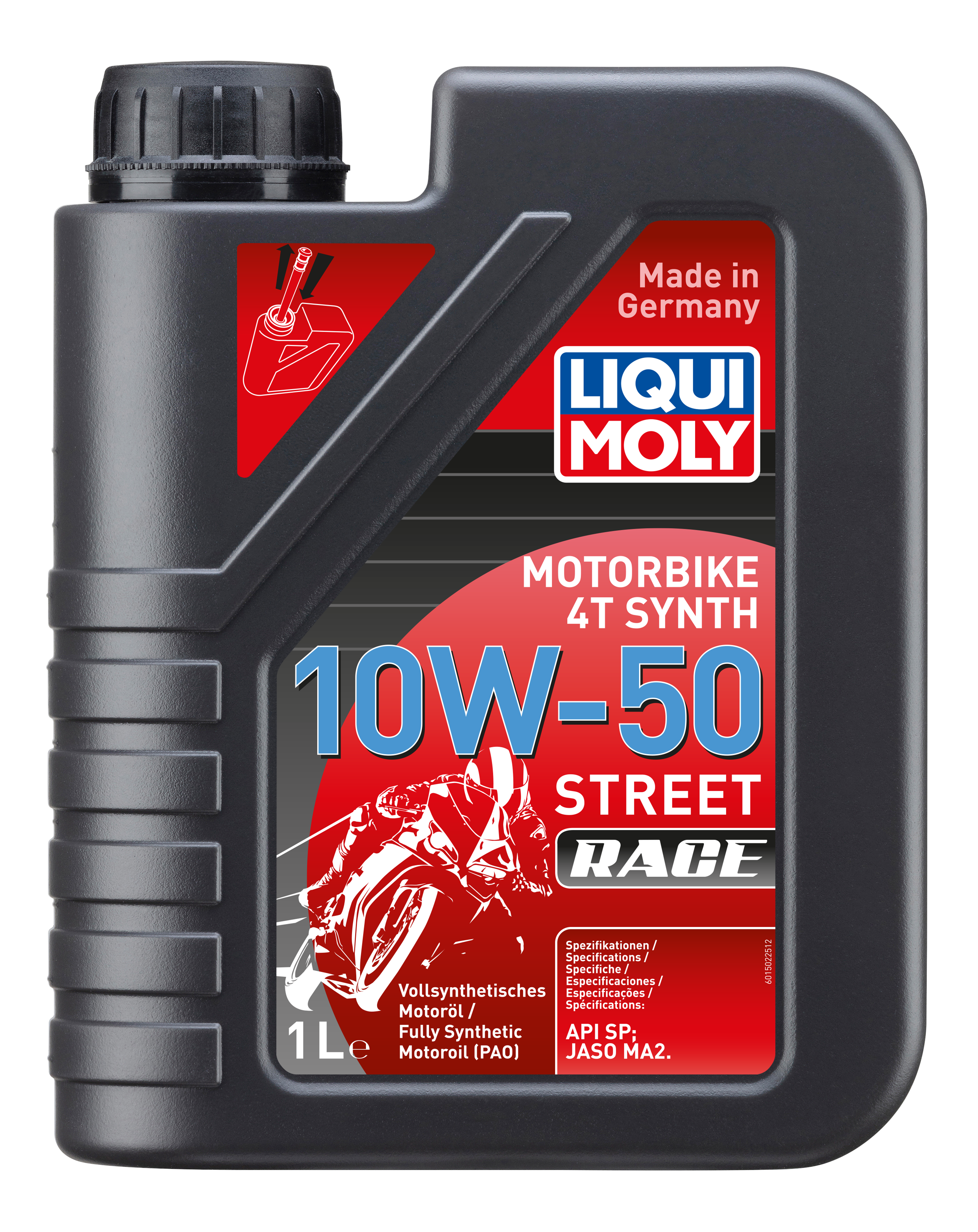 Liqui Moly Motorbike 4T Synth 10W-50 Street Race motorcycle engine oil bottle with label and cap.