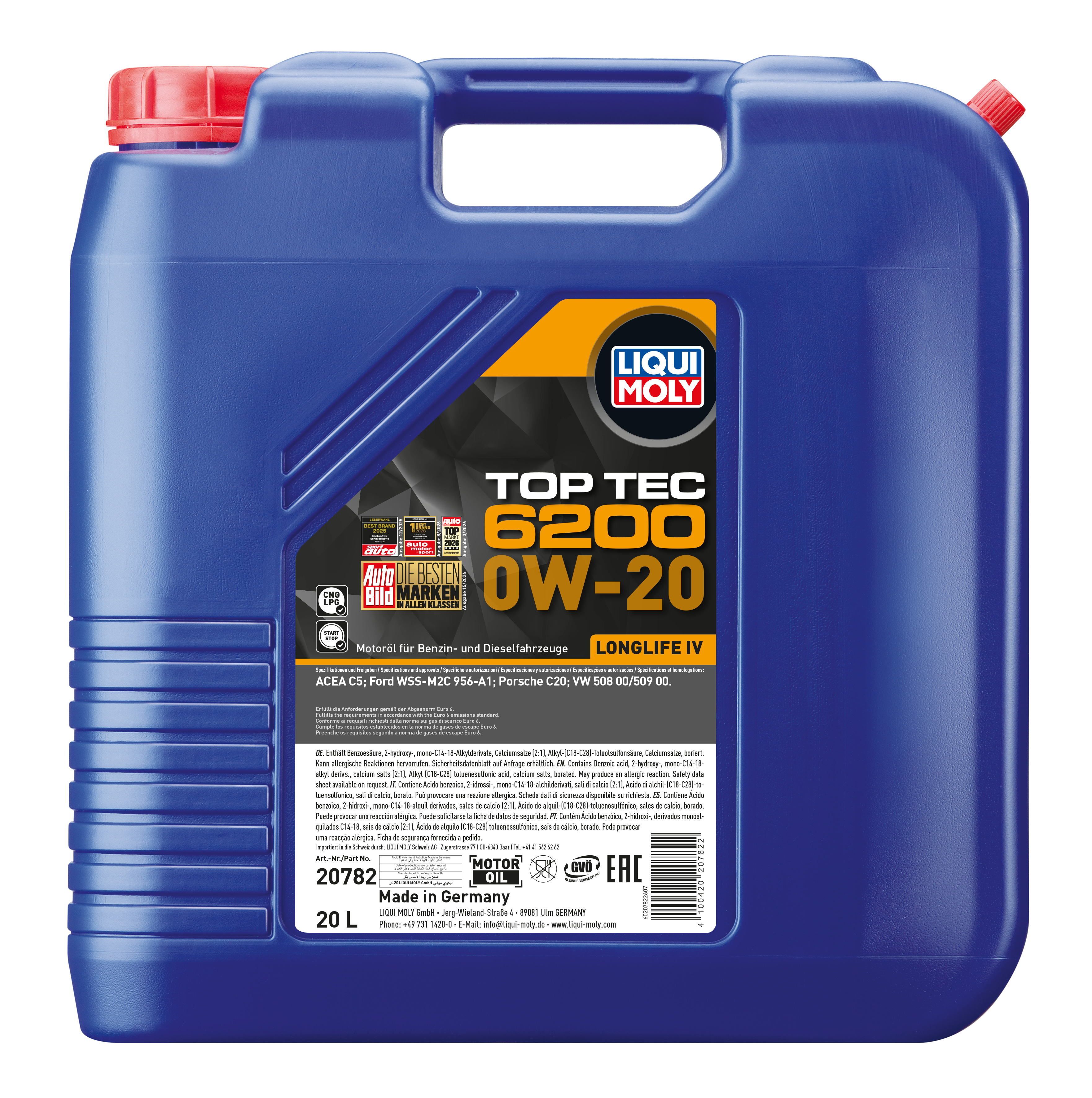 Liqui Moly Top Tec 6200 0W-20 engine oil container, high-quality synthetic motor oil for vehicle engine performance