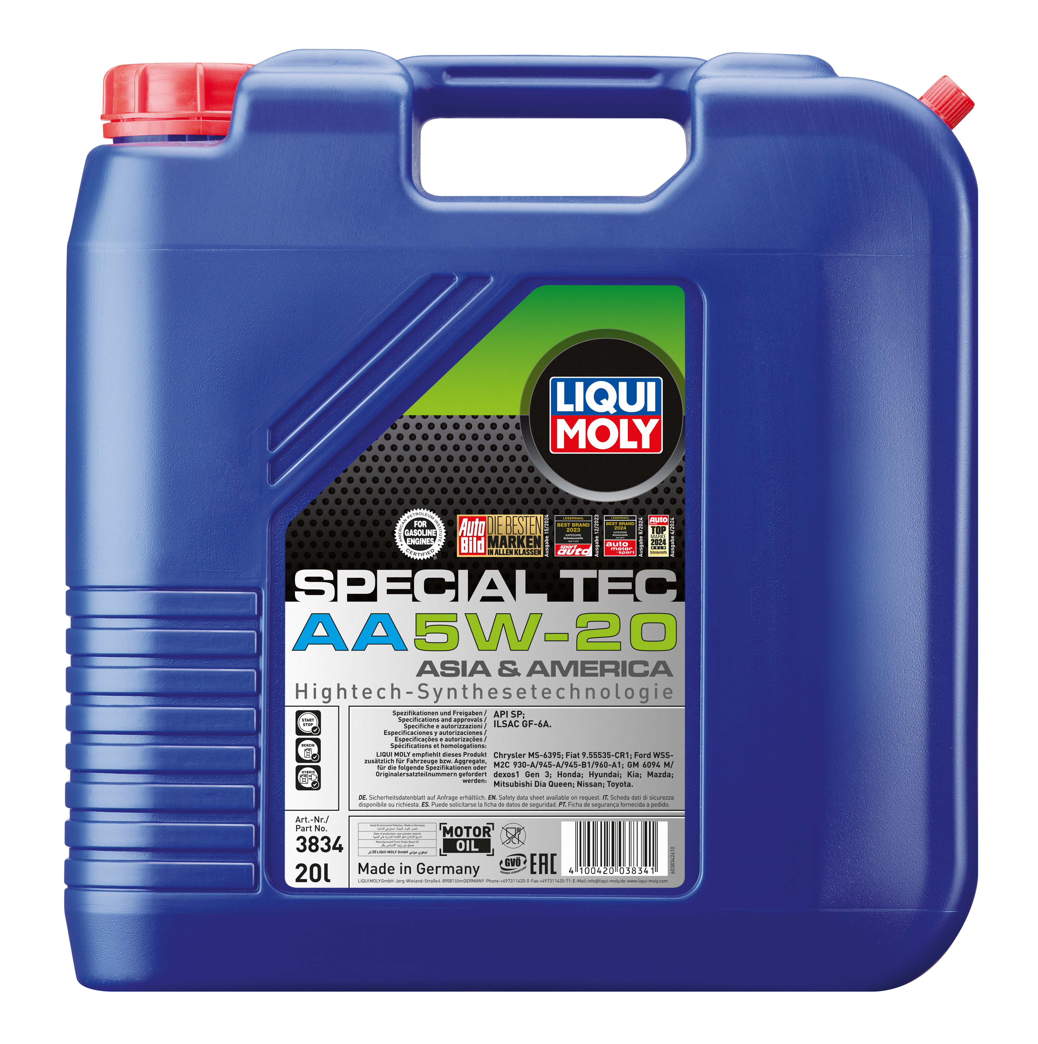 Liqui Moly Special Tec AA 5W-20 engine oil bottle with label and cap, designed for automotive engine lubrication.