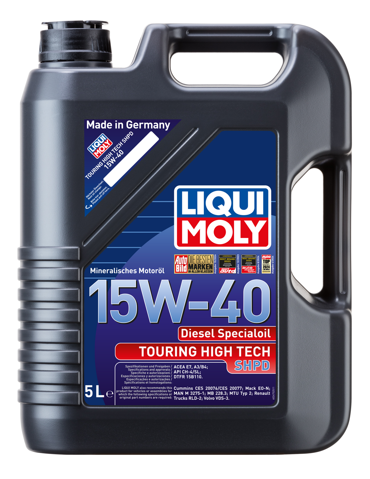 Liqui Moly Touring High Tech 15W-40 engine oil bottle showing the product label and packaging for motor oil.