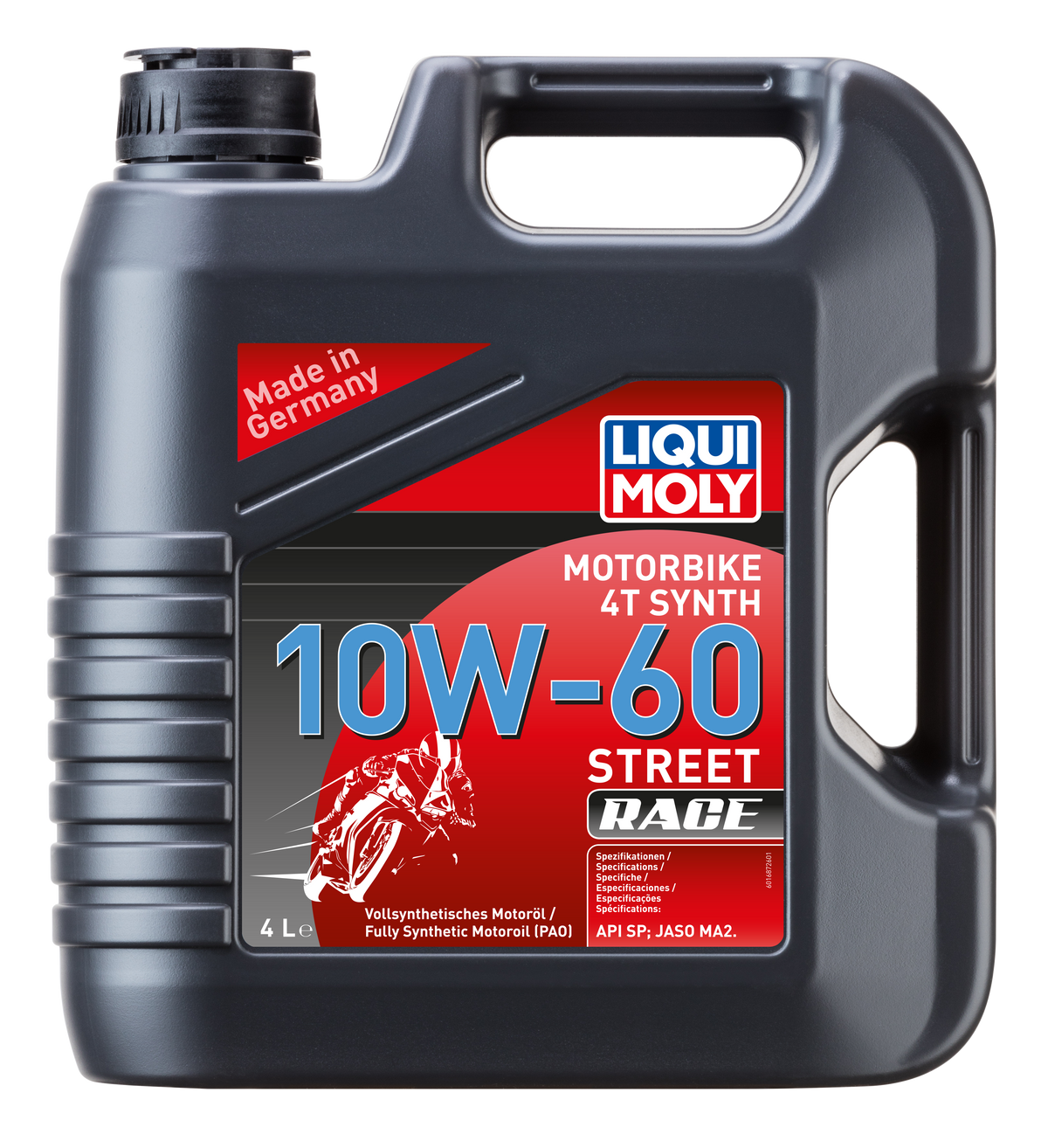 Liqui Moly Motorbike 4T Synth 10W-60 Street Race motorcycle engine oil container with label and cap.