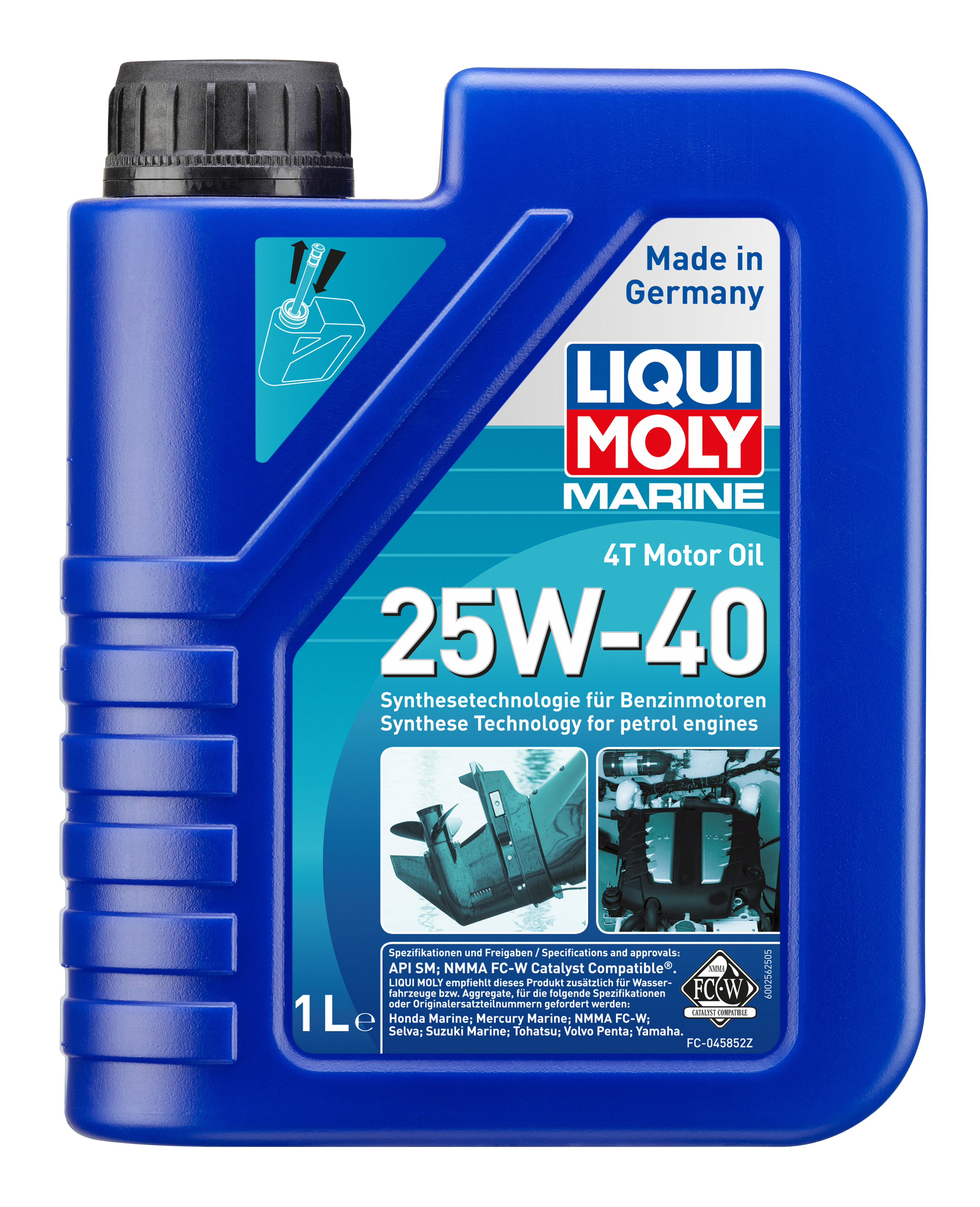 Liqui Moly Marine 4T Motor Oil 25W-40 container with label, designed for marine engines and high-performance motorcycle use.