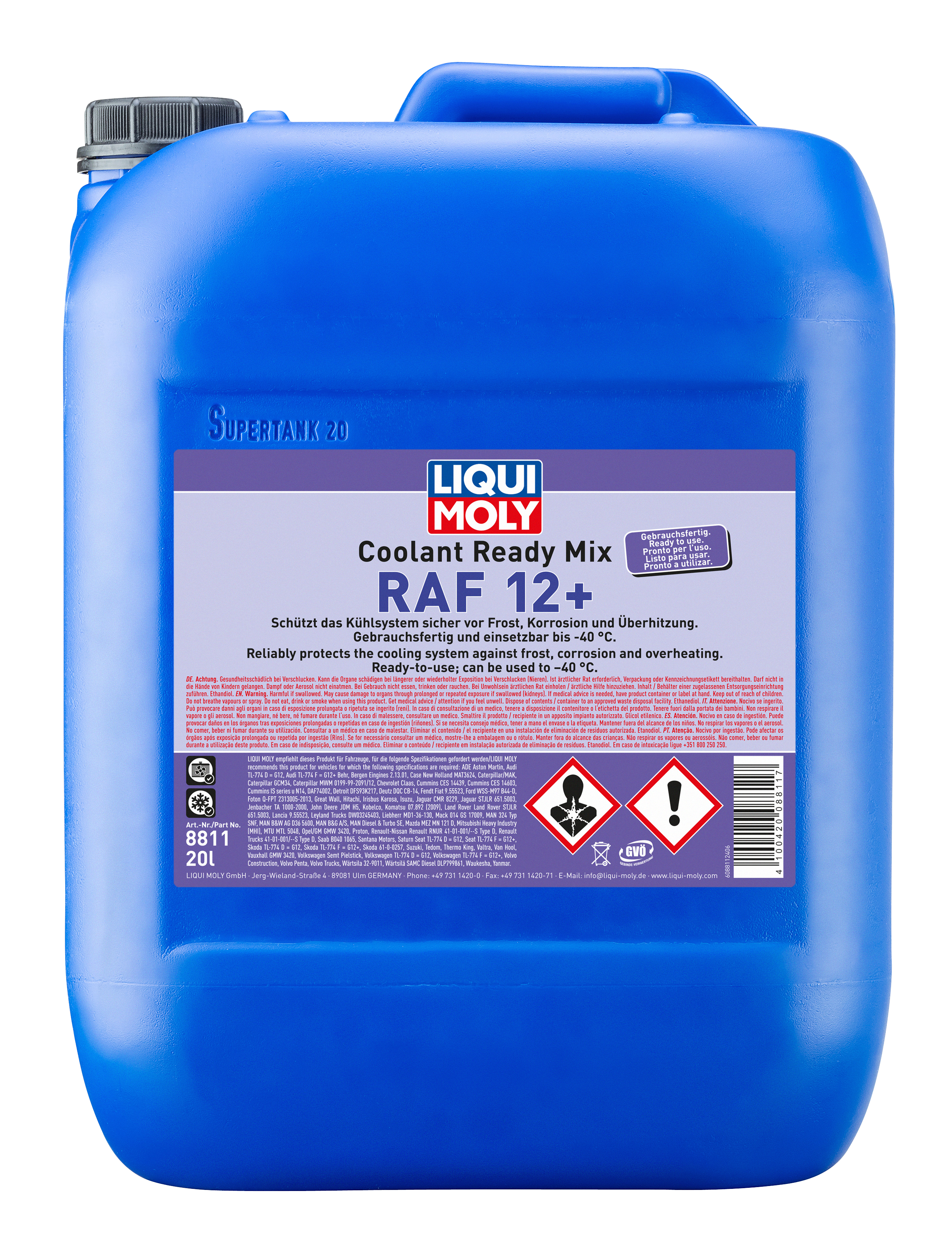 Liqui Moly Cool Ready Mix RAF12 Plus coolant container with label showing product details and branding.