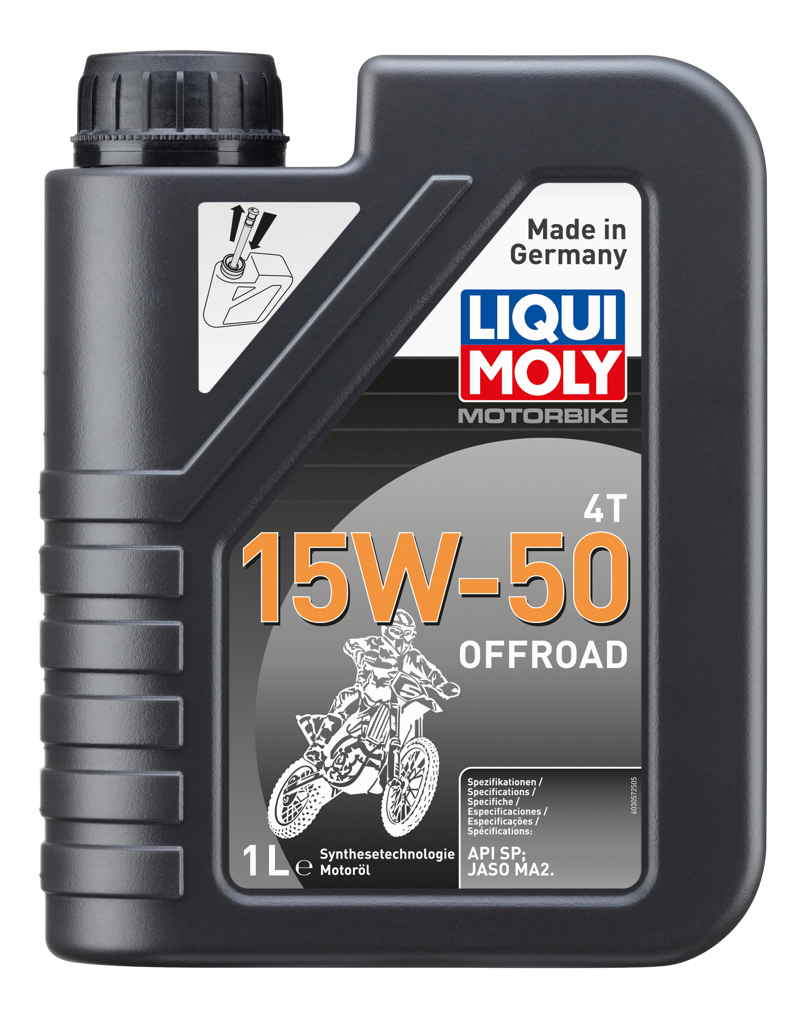 Liqui Moly Motorbike 4T 15W-50 offroad motorcycle engine oil container with label and cap, close-up view.