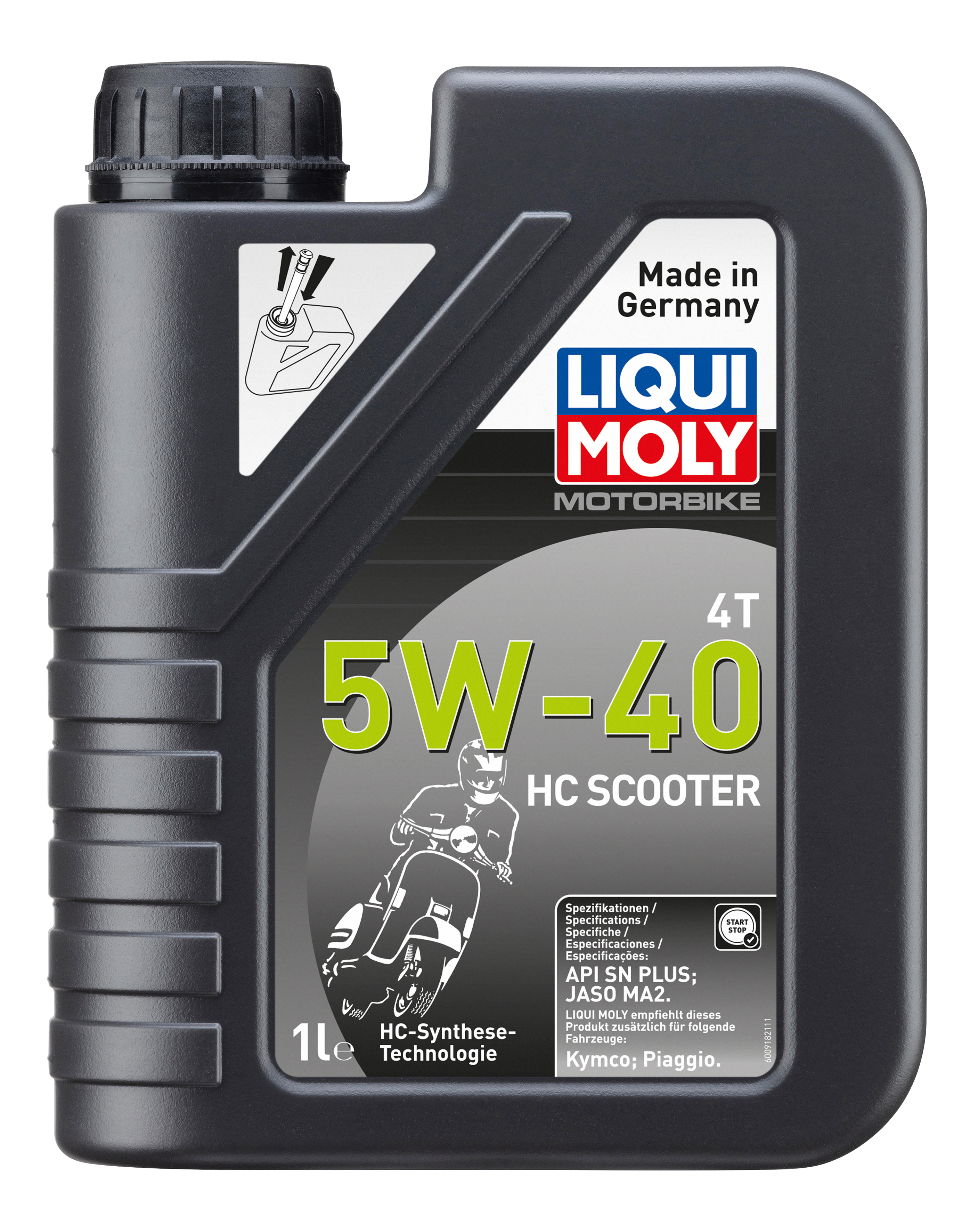 Liqui Moly Motorbike 4T 5W-40 HC scooter engine oil bottle, 1 liter, with product label and branding visible.