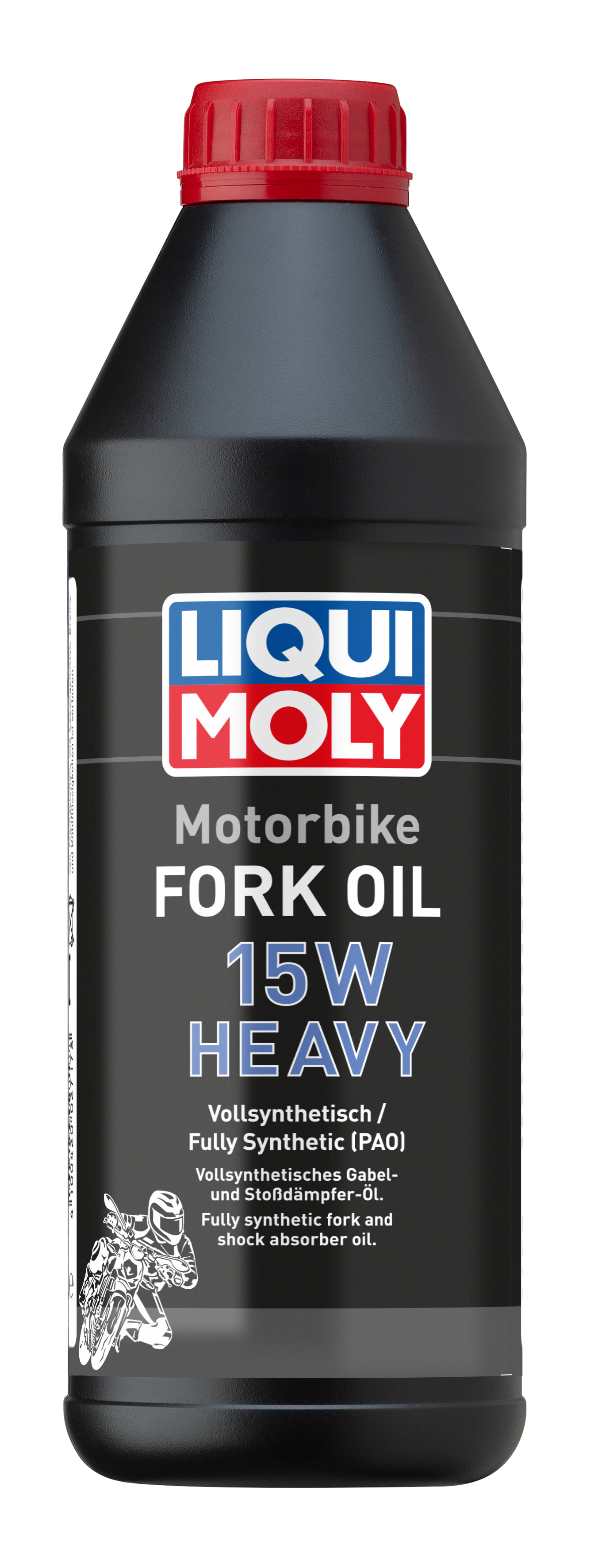 Liqui Moly Motorbike Fork Oil 15W Heavy, motorcycle suspension oil in a clear container with a label showing product details.