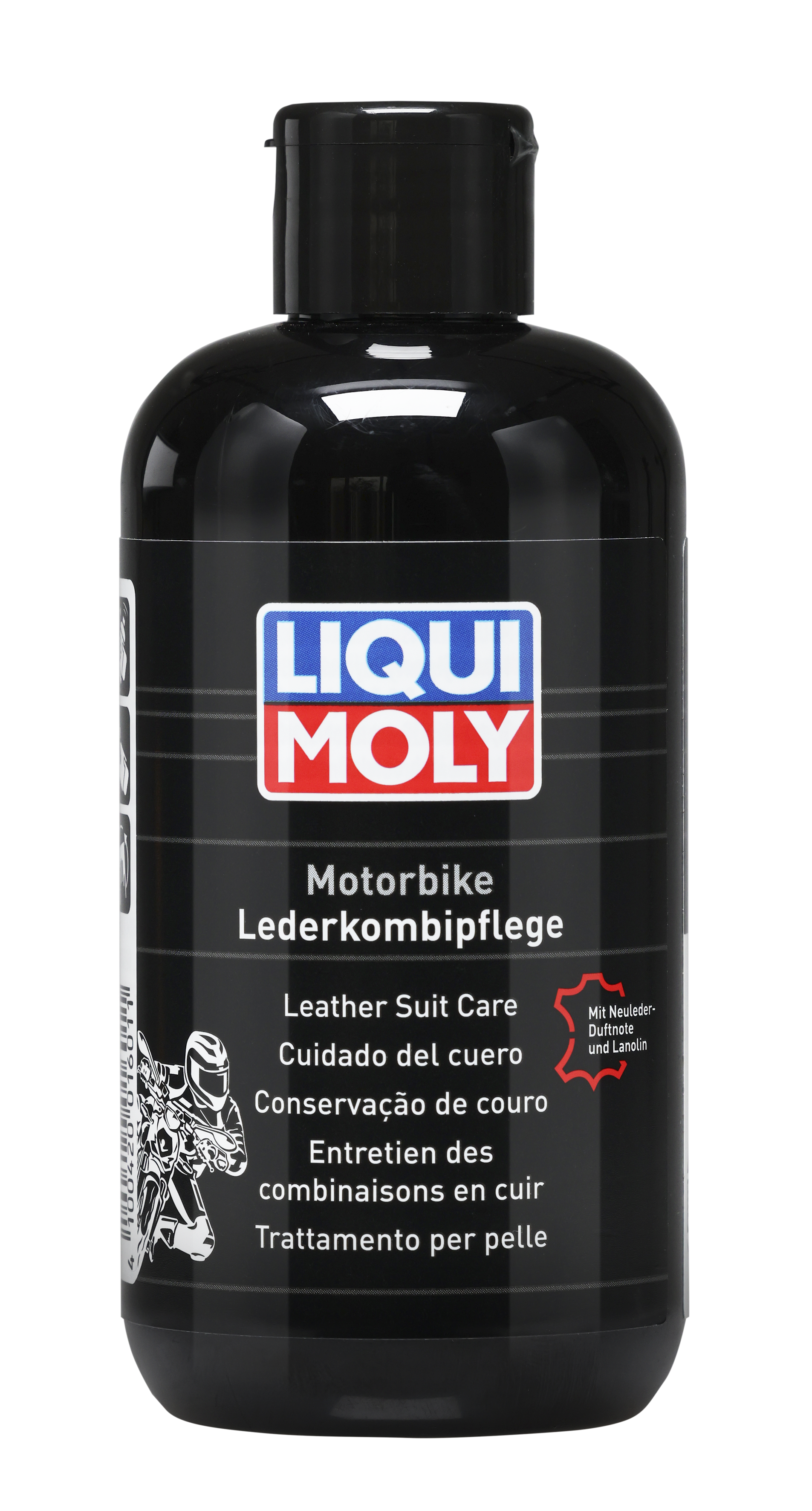 Liqui Moly Motorbike Leather Suit Care bottle with applicator and leather suit in the background, showing a motorcycle gear cleaning product.