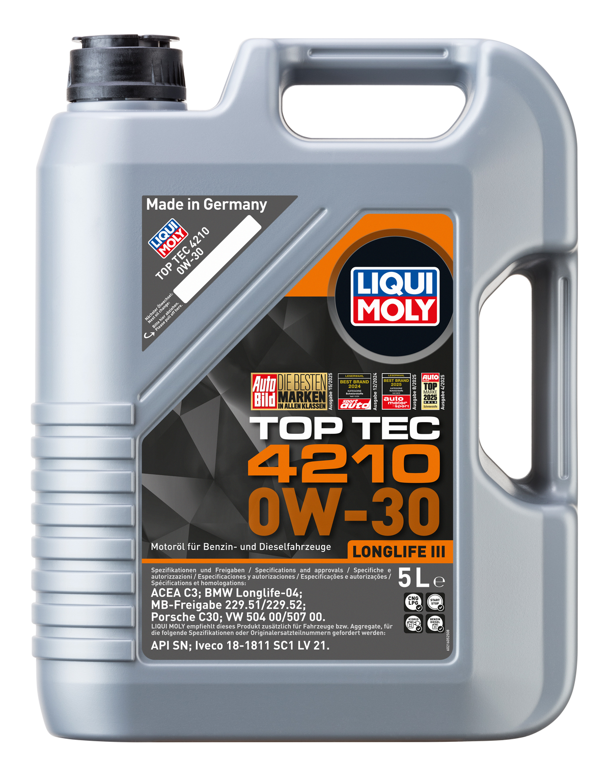 Liqui Moly Top Tec 4210 0W-30 engine oil container with label and cap, designed for automotive engine lubrication.