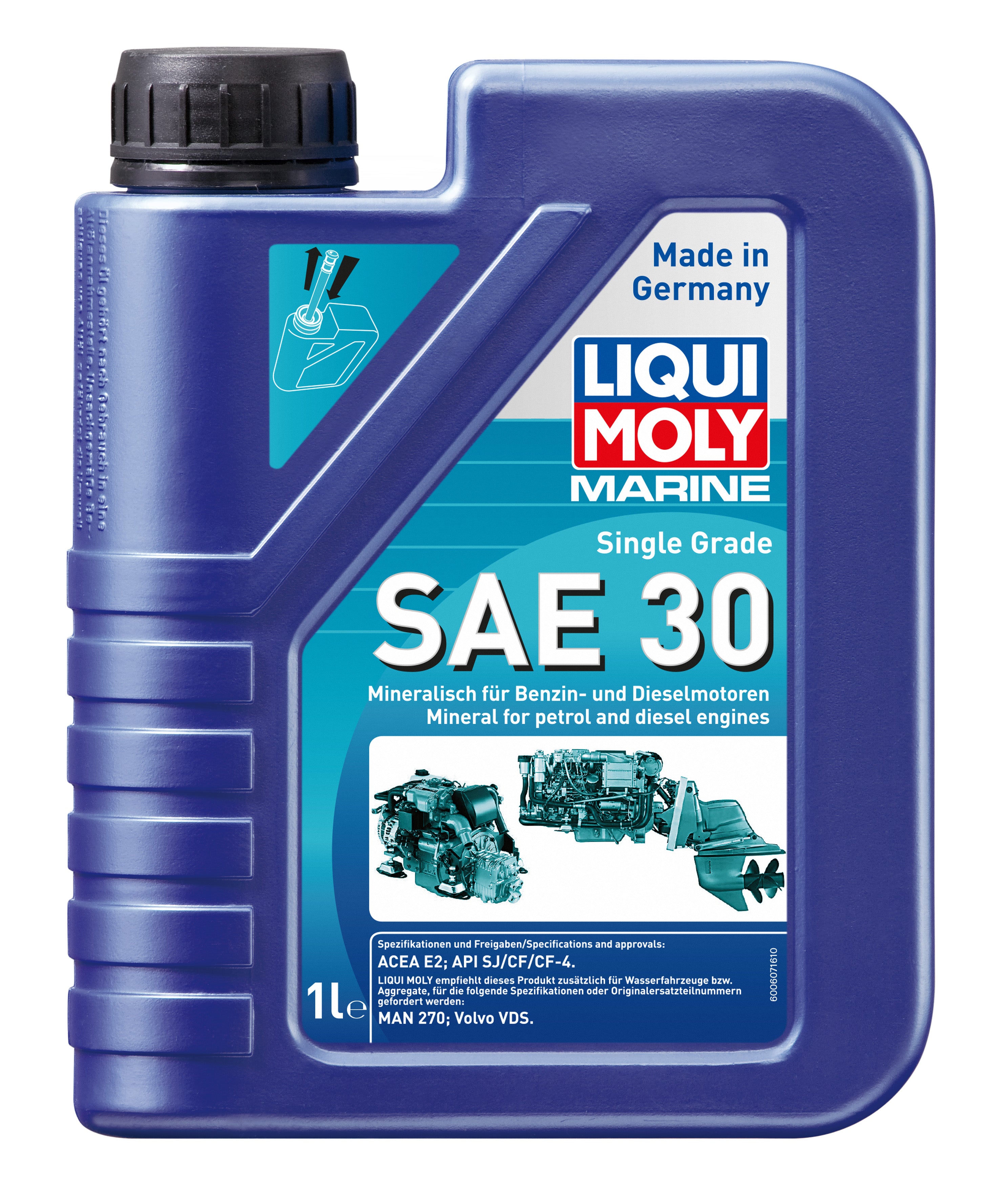 Liqui Moly Marine Single Grade SAE30 1L motor oil bottle with label, designed for marine engine lubrication.