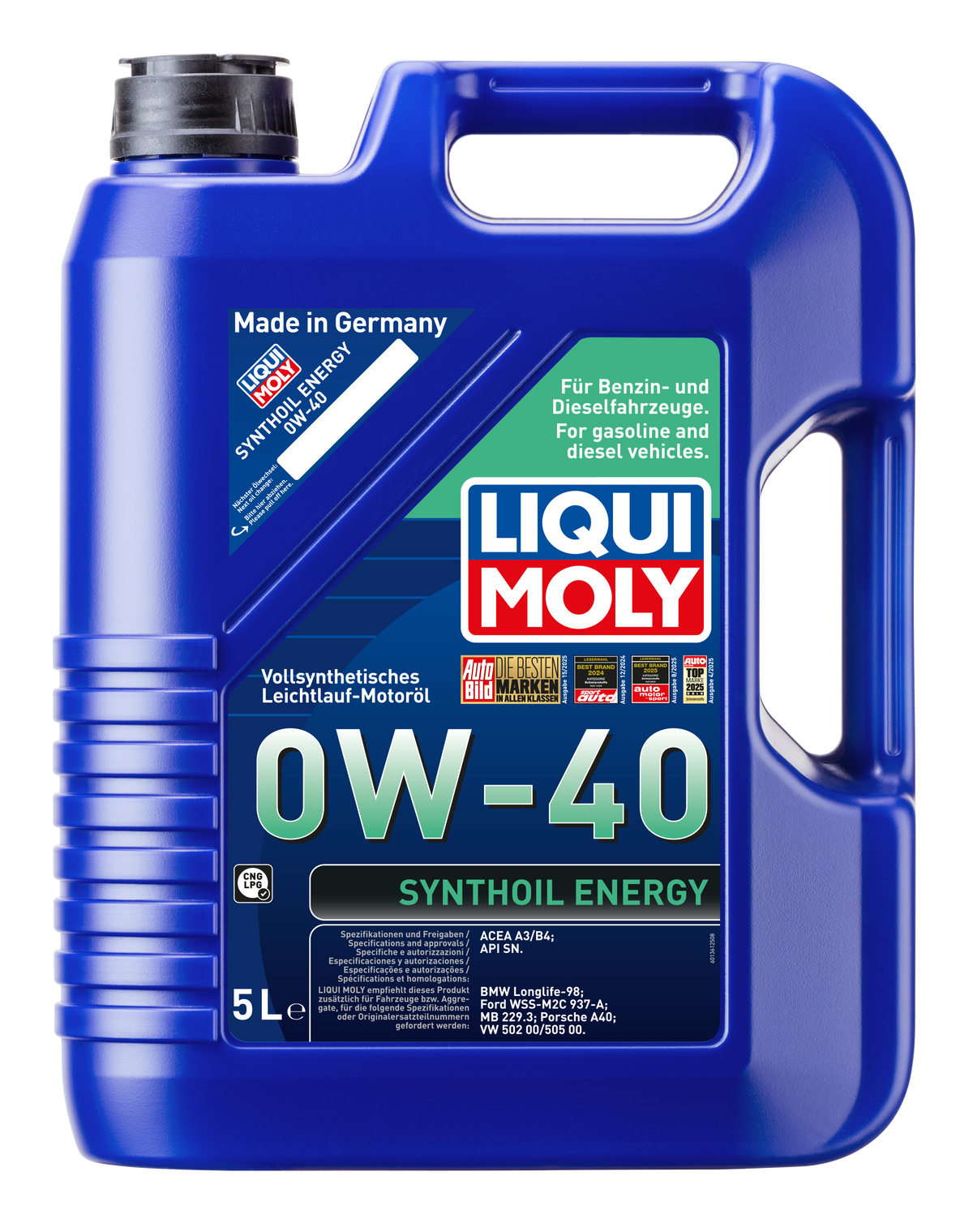 Liqui Moly Synthoil Energy 0W-40 engine oil bottle with label, designed for car engine lubrication and performance.