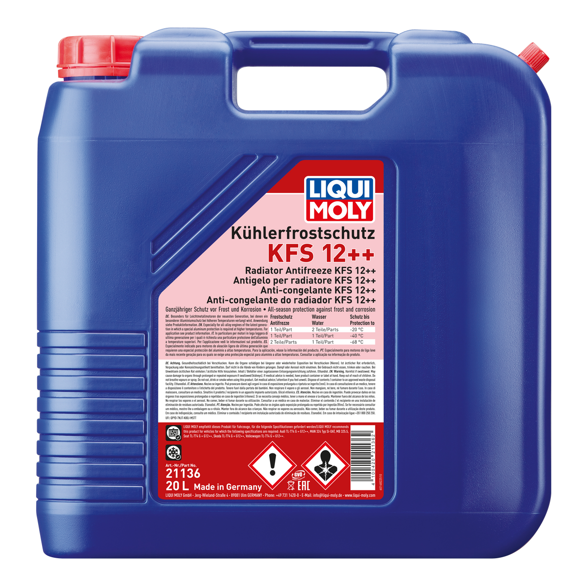 Liqui Moly Radiator Antifreeze KFS 12 Plus+ coolant bottle with label and blue liquid inside.