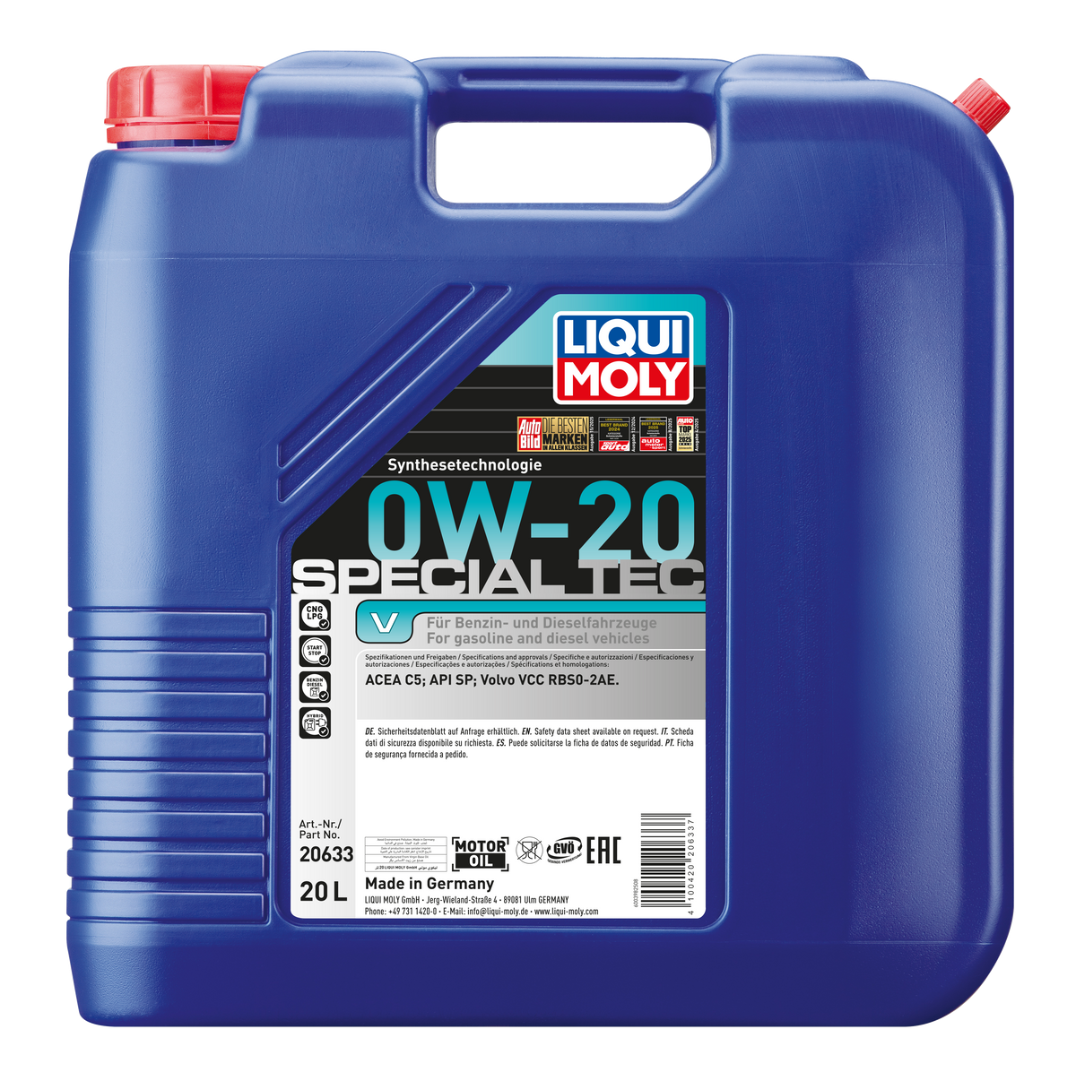 Liqui Moly Special Tec V 0W-20 engine oil bottle showing label and cap, designed for automotive engine lubrication.