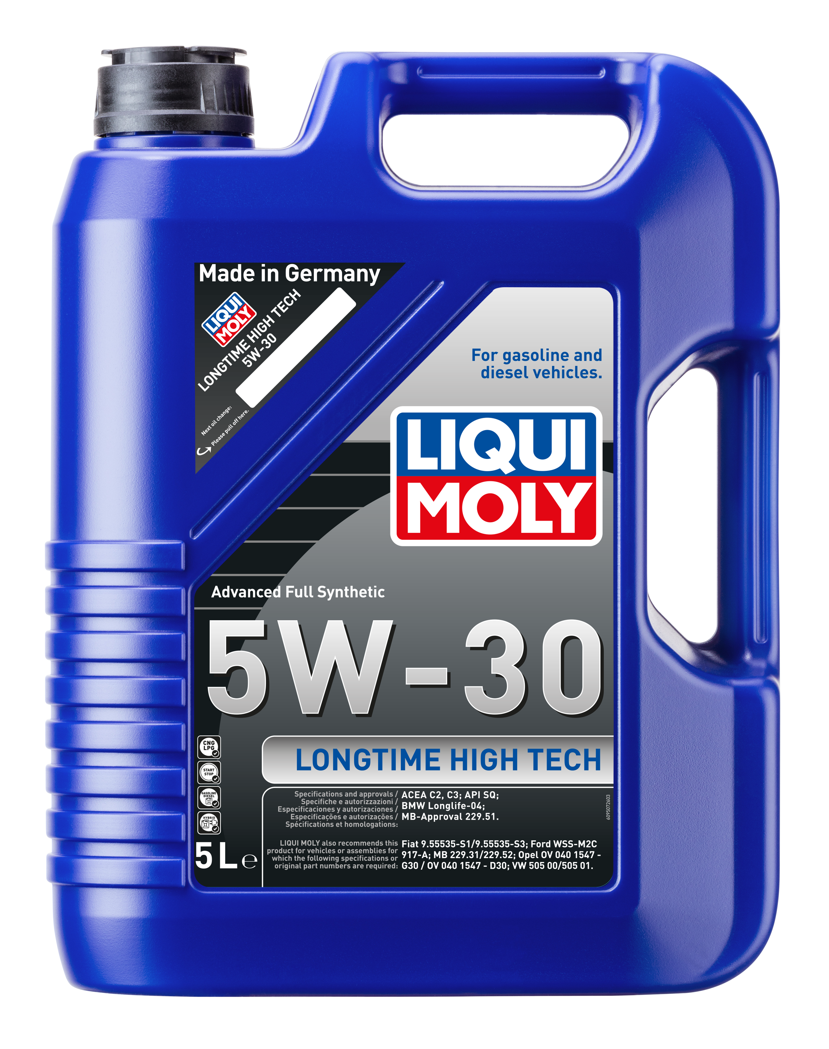 Liqui Moly Longtime High Tech 5W-30 engine oil container with product label and branding visible.