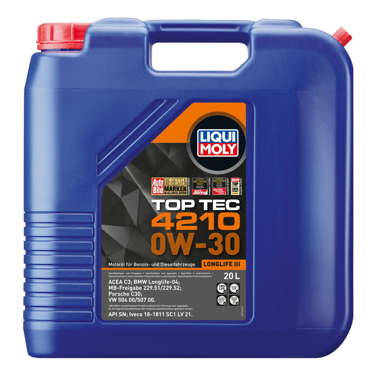 Liqui Moly Top Tec 4210 0W-30 engine oil container with label, suitable for car engines, in a professional setting