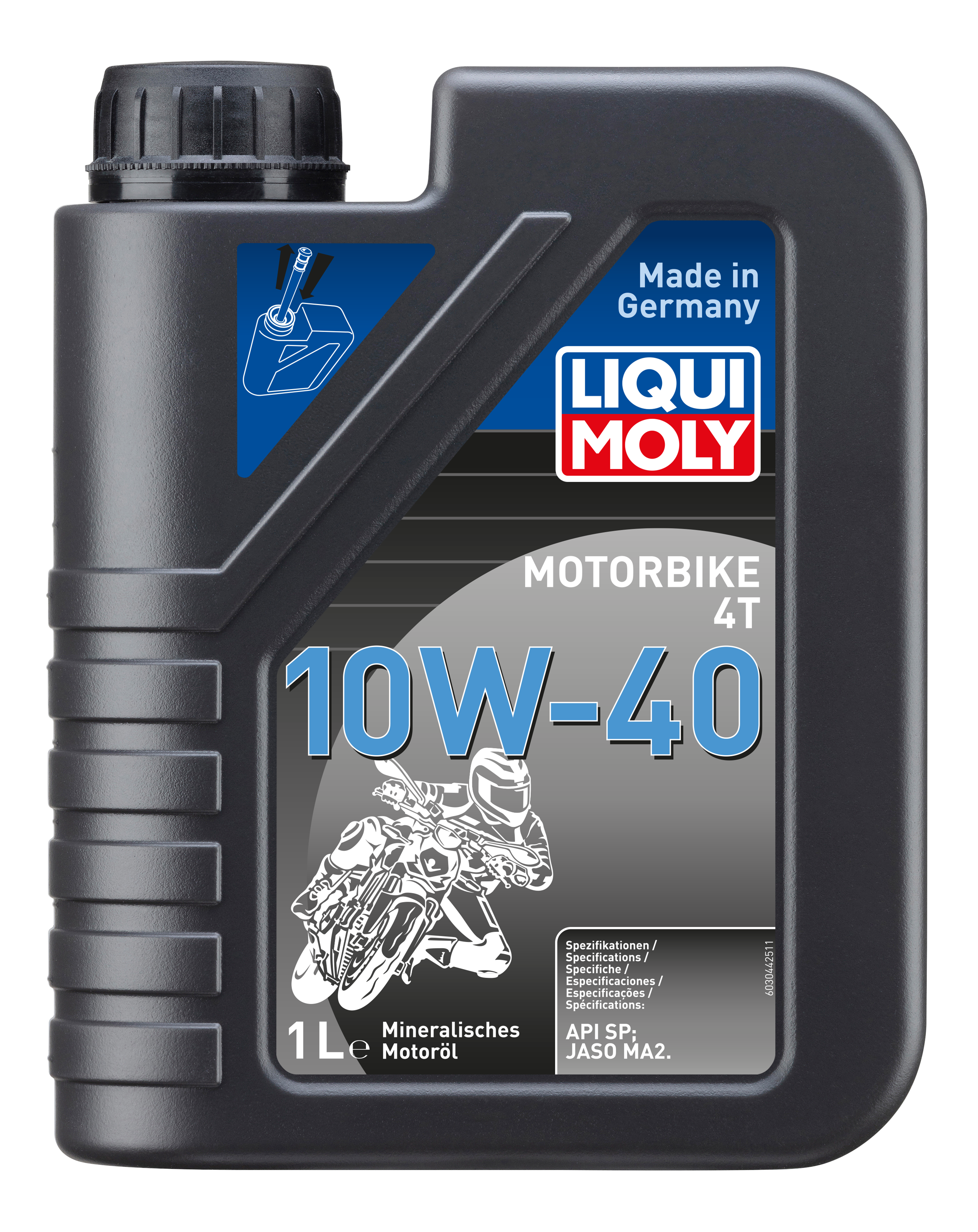 Liqui Moly Motorcycle 4T 10W-40 Basic Street 1L oil container with label, designed for four-stroke street motorcycles.