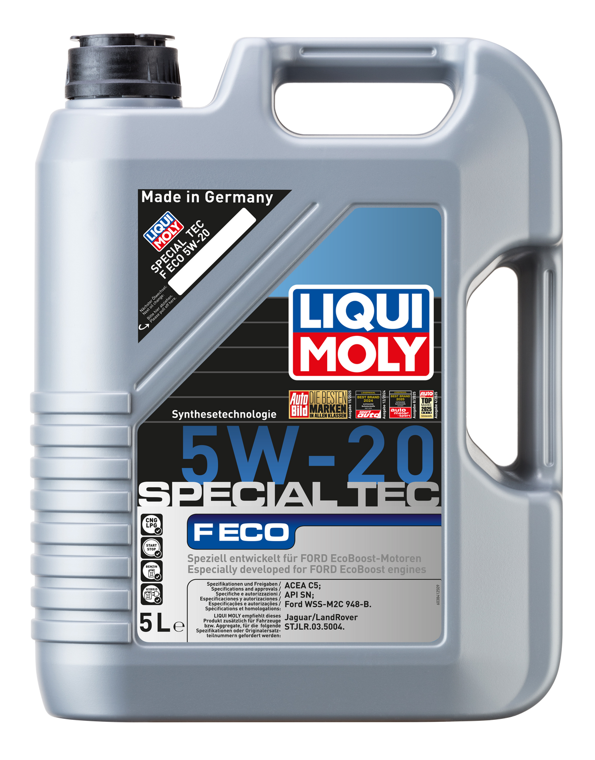Liqui Moly Special Tec F Eco 5W-20 engine oil bottle with label showing product details and branding.