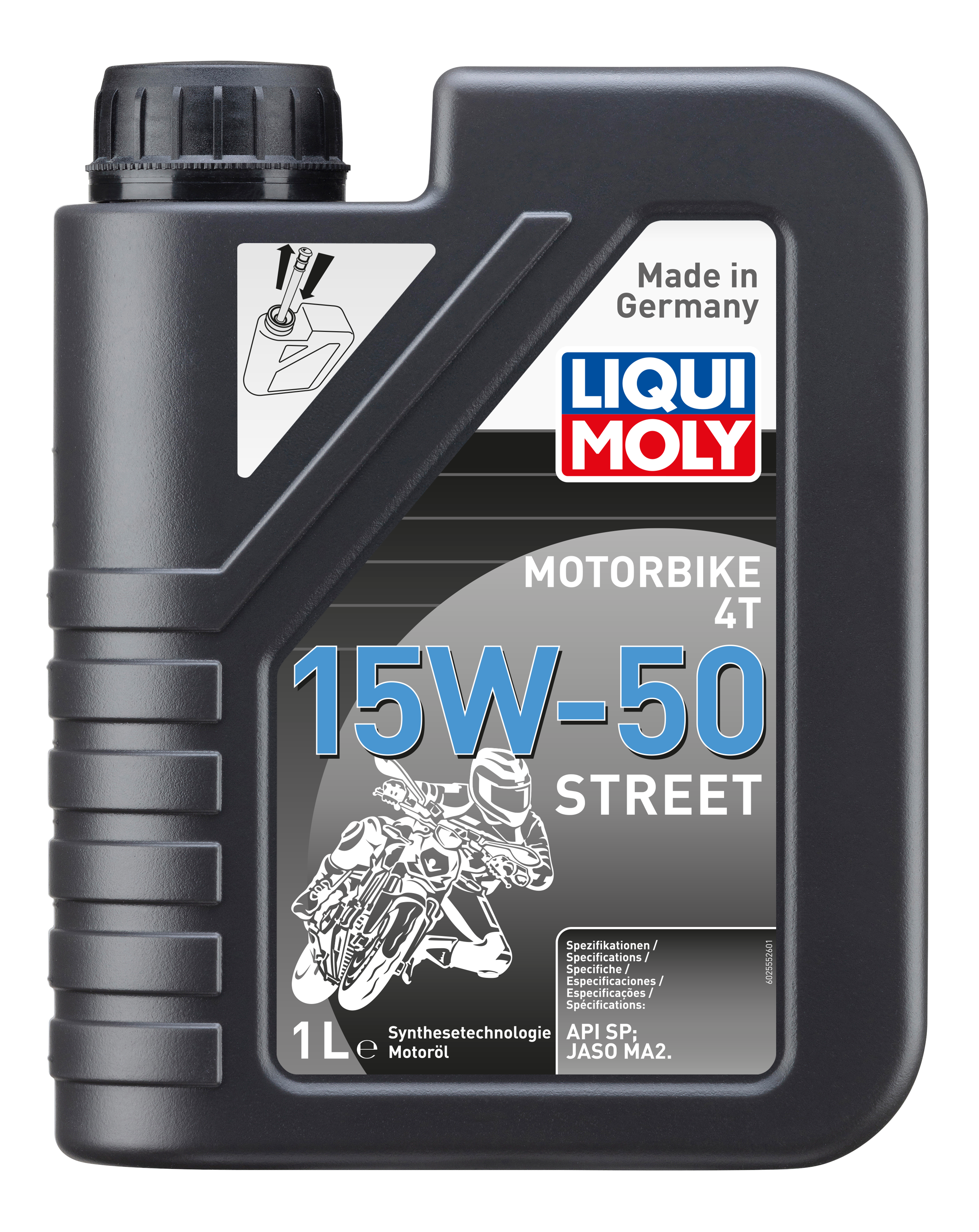 Liqui Moly Motorbike 4T 15W-50 Street motorcycle engine oil container with label and cap on a plain background