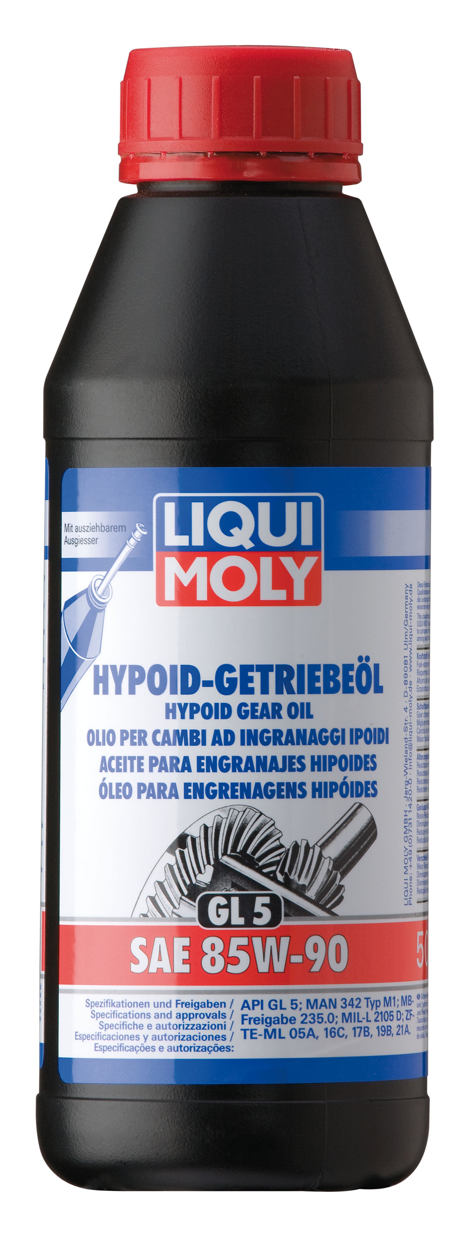 Liqui Moly Hypoid Gear Oil GL5 SAE 85W-90 gearbox fluid bottle for automotive gear lubrication.