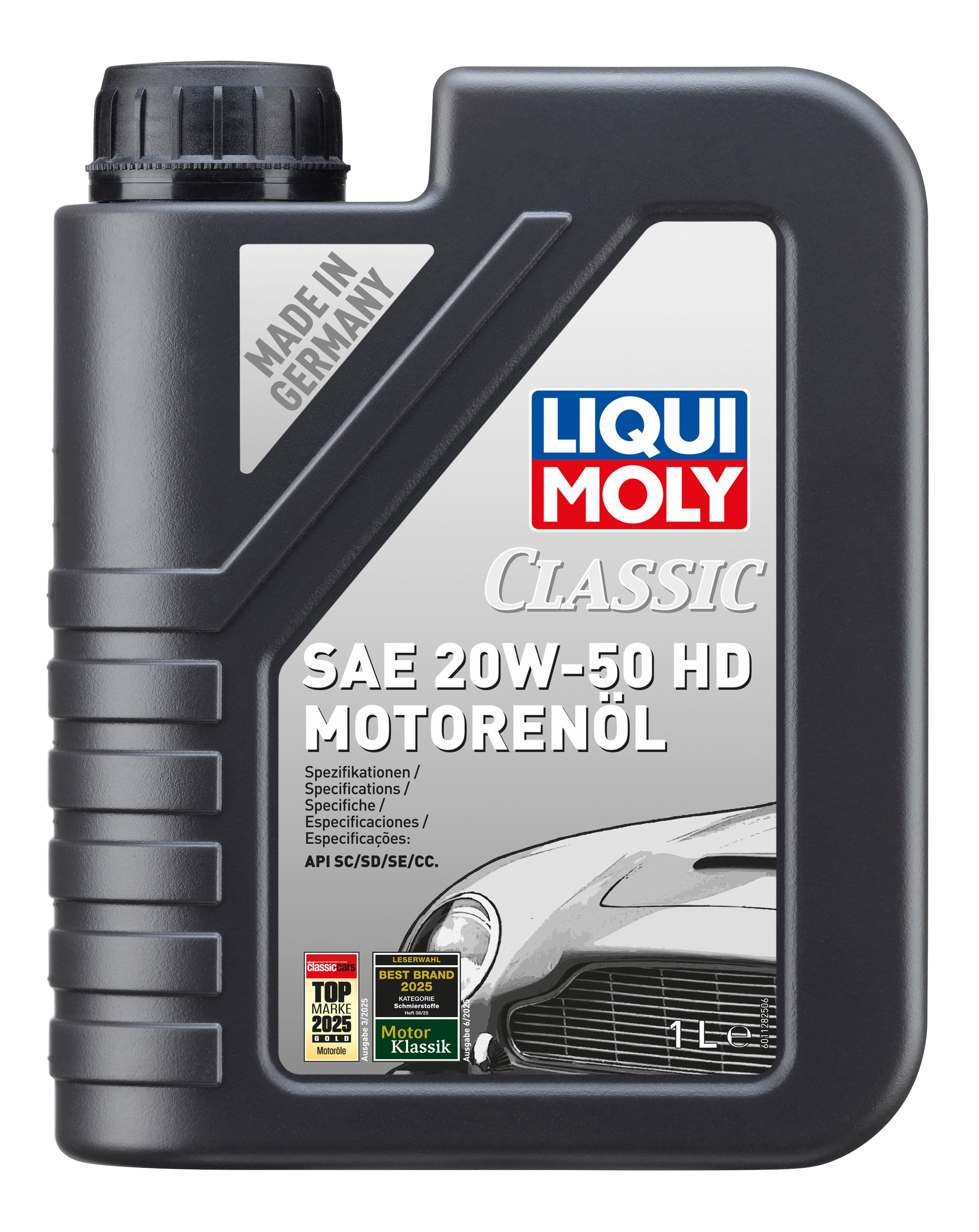 Liqui Moly Classic Motor Oil SAE 20W-50 HD bottle with orange cap and label showing engine oil specifications.