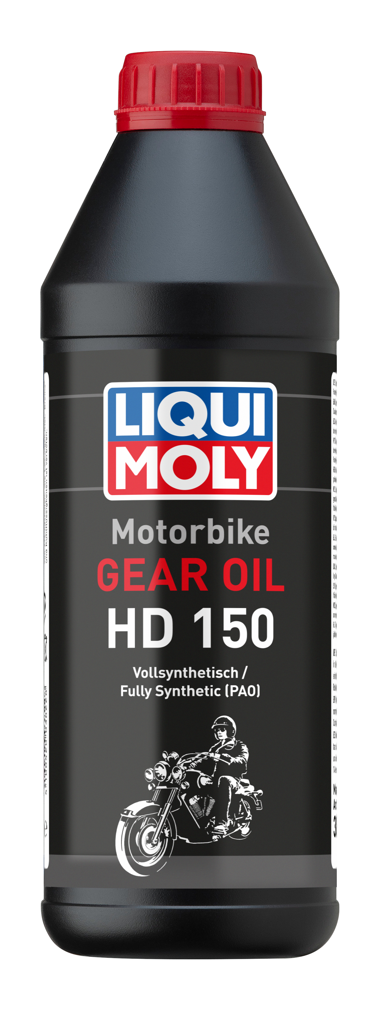 Liqui Moly Motorbike Gear Oil HD 150 1L bottle, motorcycle gear oil container with label and cap, on a plain background.