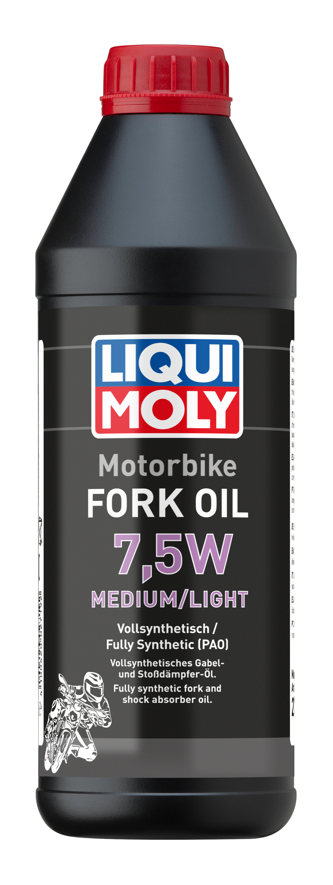 Liqui Moly motorbike fork oil 7.5W medium/light in a clear container for motorcycle suspension maintenance.