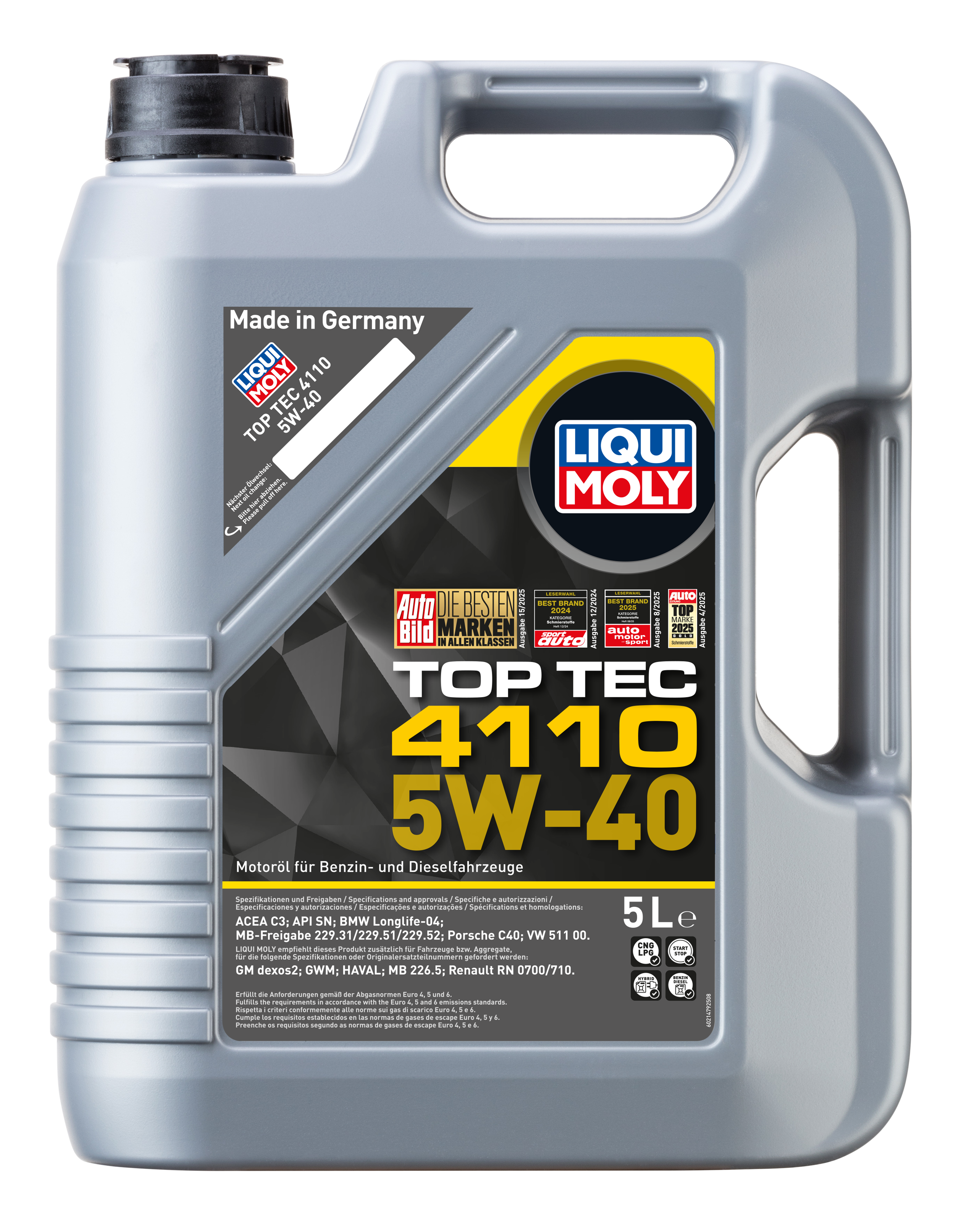 Liqui Moly Top Tec 4110 5W-40 engine oil container, high-quality motor oil for vehicle engine lubrication.