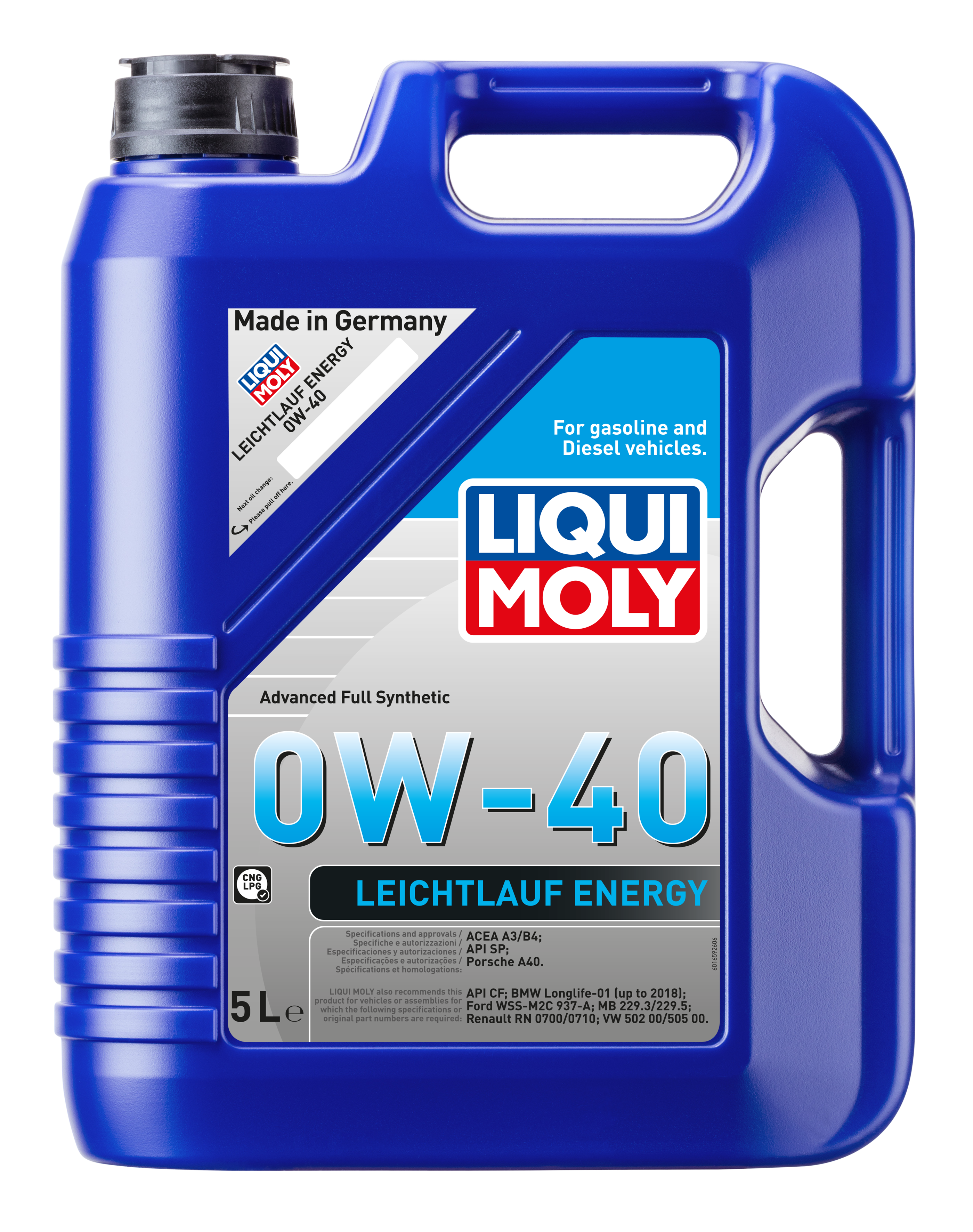 Liqui Moly Smooth Running Energy 0W-40 engine oil bottle with label and cap, designed for vehicle engine lubrication.