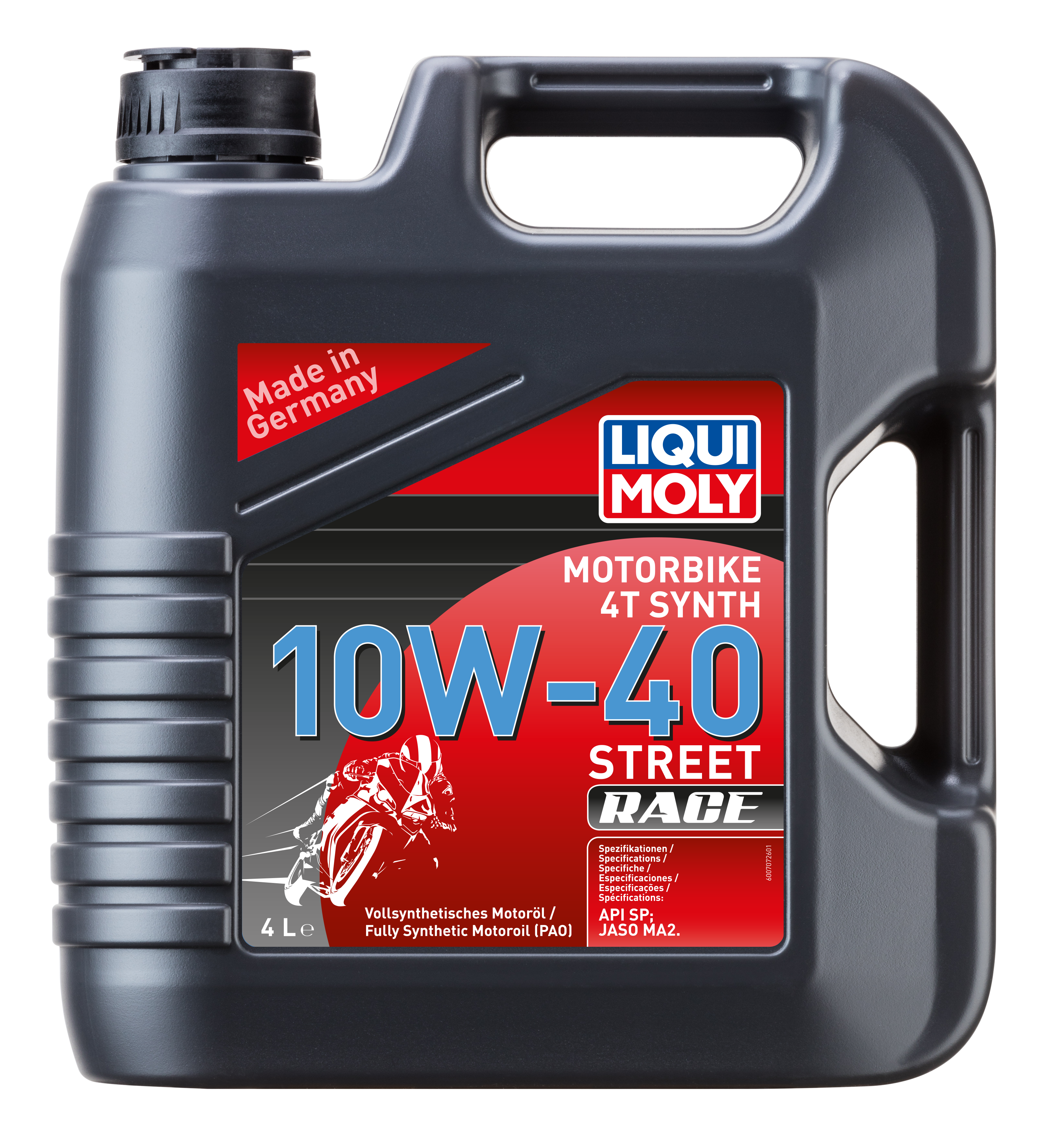 Liqui Moly Motorbike 4T Synth 10W-40 Street Race motorcycle engine oil bottle with label and cap.