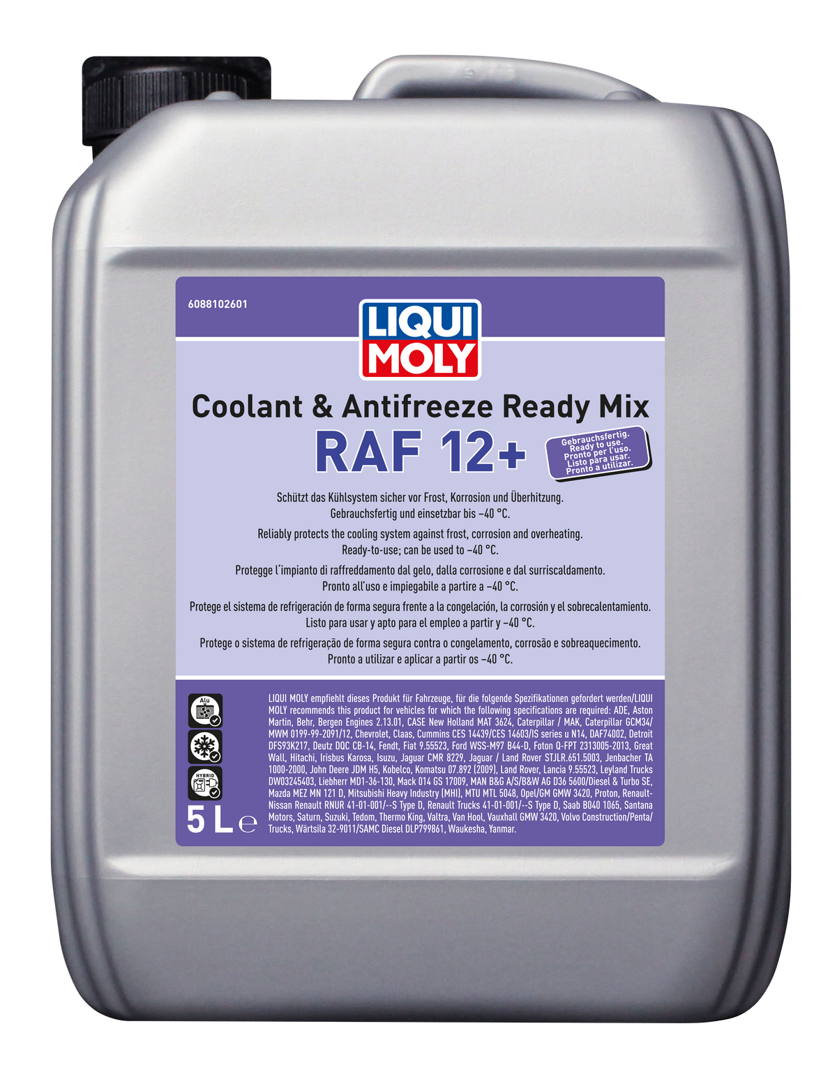 Liqui Moly Cool Ready Mix RAF12 Plus coolant container with label and bright blue liquid inside.
