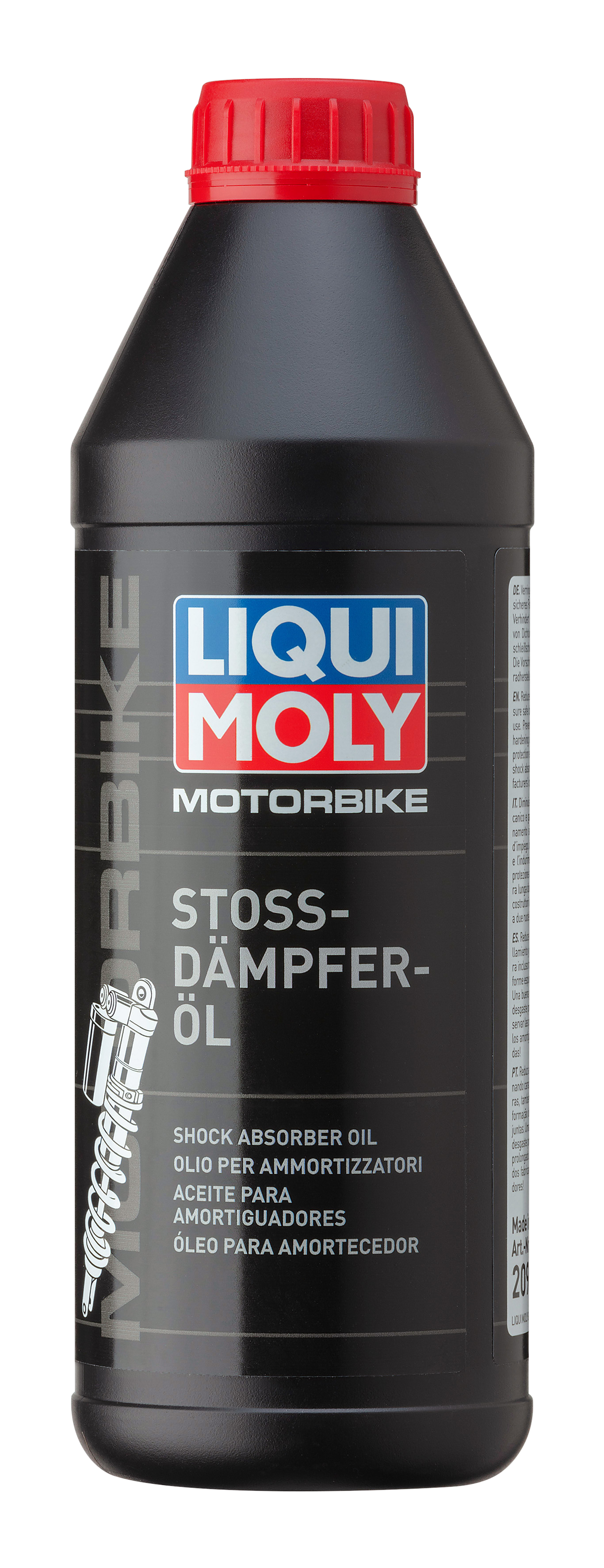 Liqui Moly motorbike shock absorber oil 1L bottle, motorcycle maintenance fluid, amber-colored oil in a plastic container