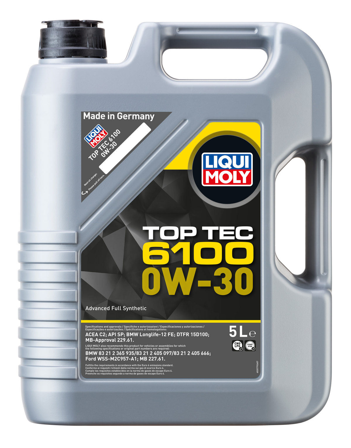 Liqui Moly Top Tec 6100 0W-30 engine oil bottle with black cap and label, designed for automotive engine lubrication.