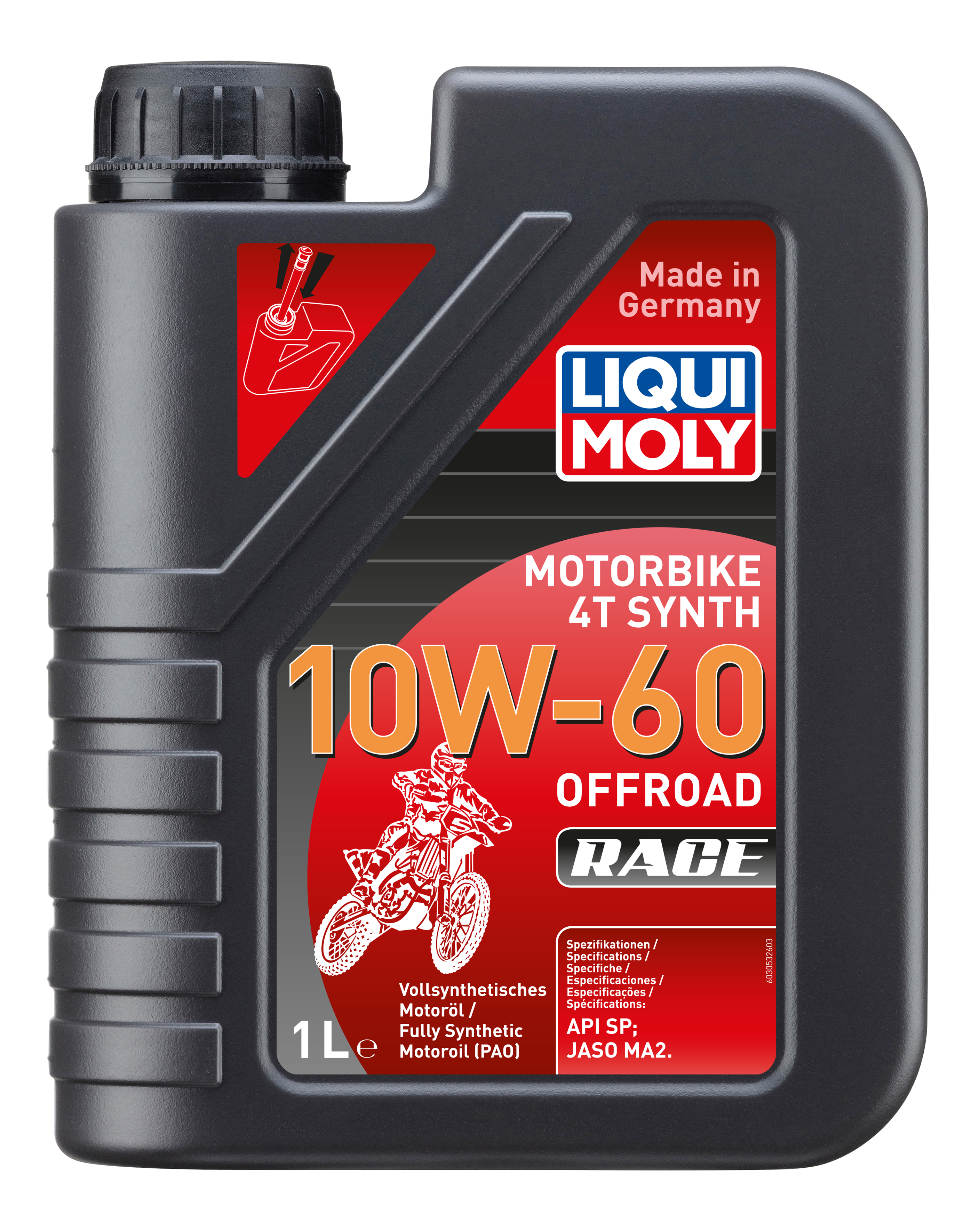 Liqui Moly Motorbike 4T Synth 10W-60 Offroad Race motorcycle oil container with label and cap.