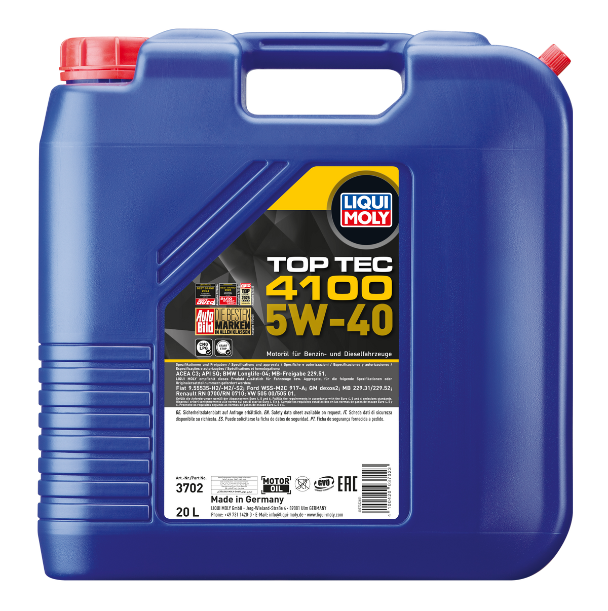 Liqui Moly Top Tec 4100 5W-40 engine oil bottle, containing high-quality motor oil for vehicle lubrication and protection.