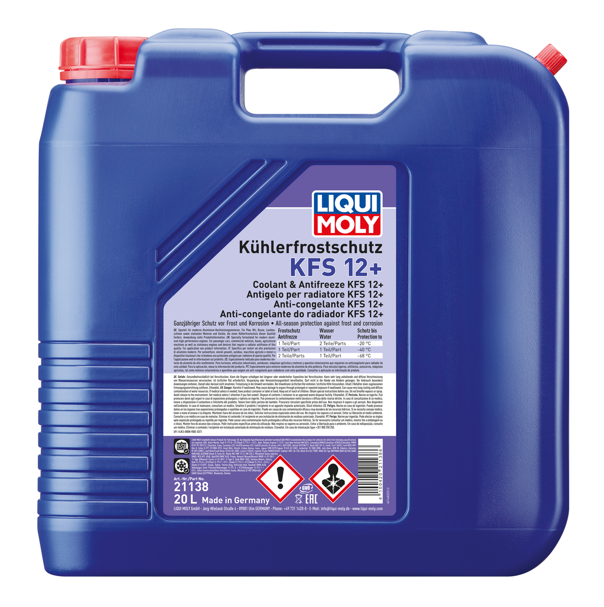 Liqui Moly Radiator Antifreeze KFS 12+ coolant bottle with blue liquid and label showing product details.