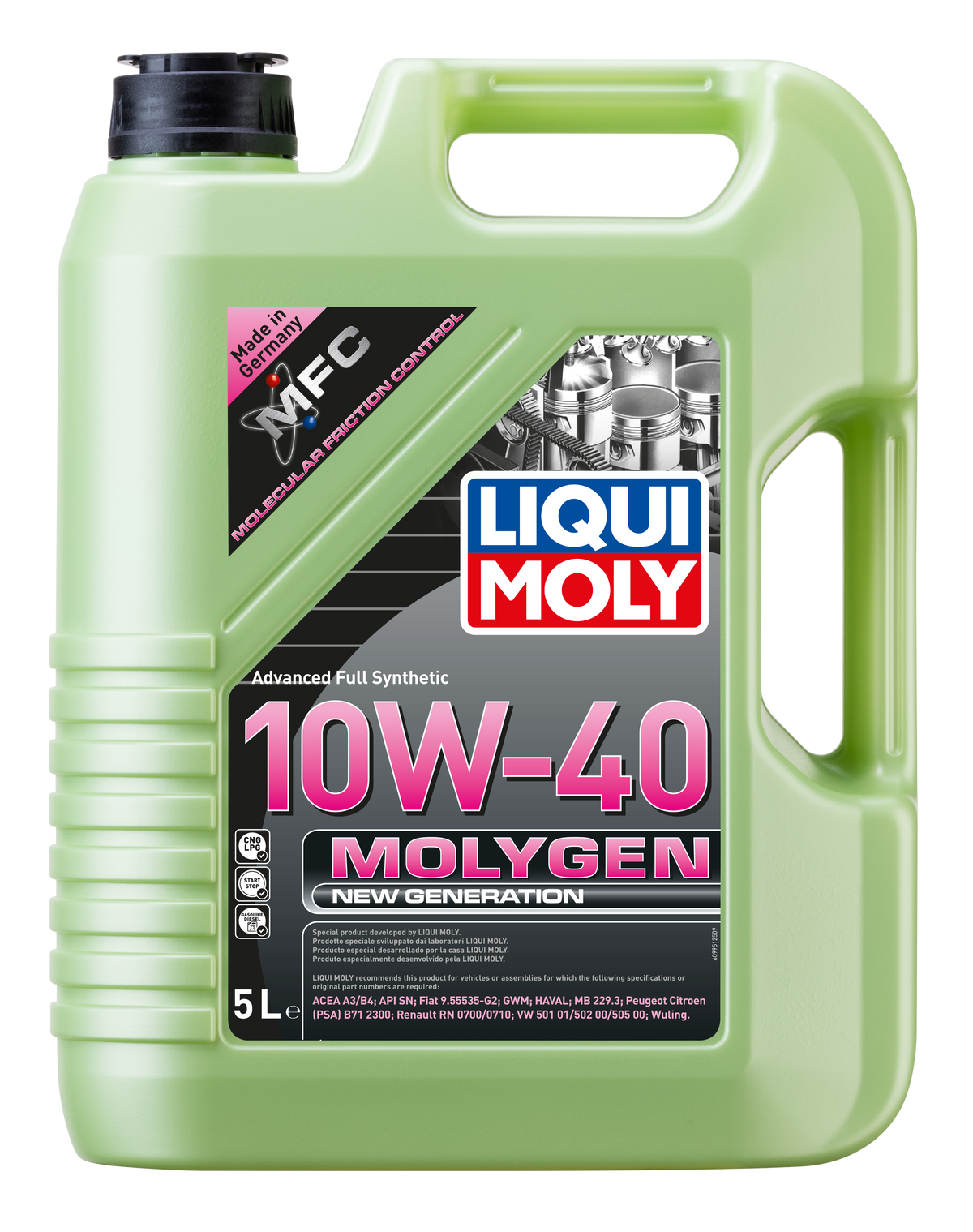 Liqui Moly Molygen New Generation 10W-40 engine oil bottle with label and cap, designed for automotive engine lubrication.