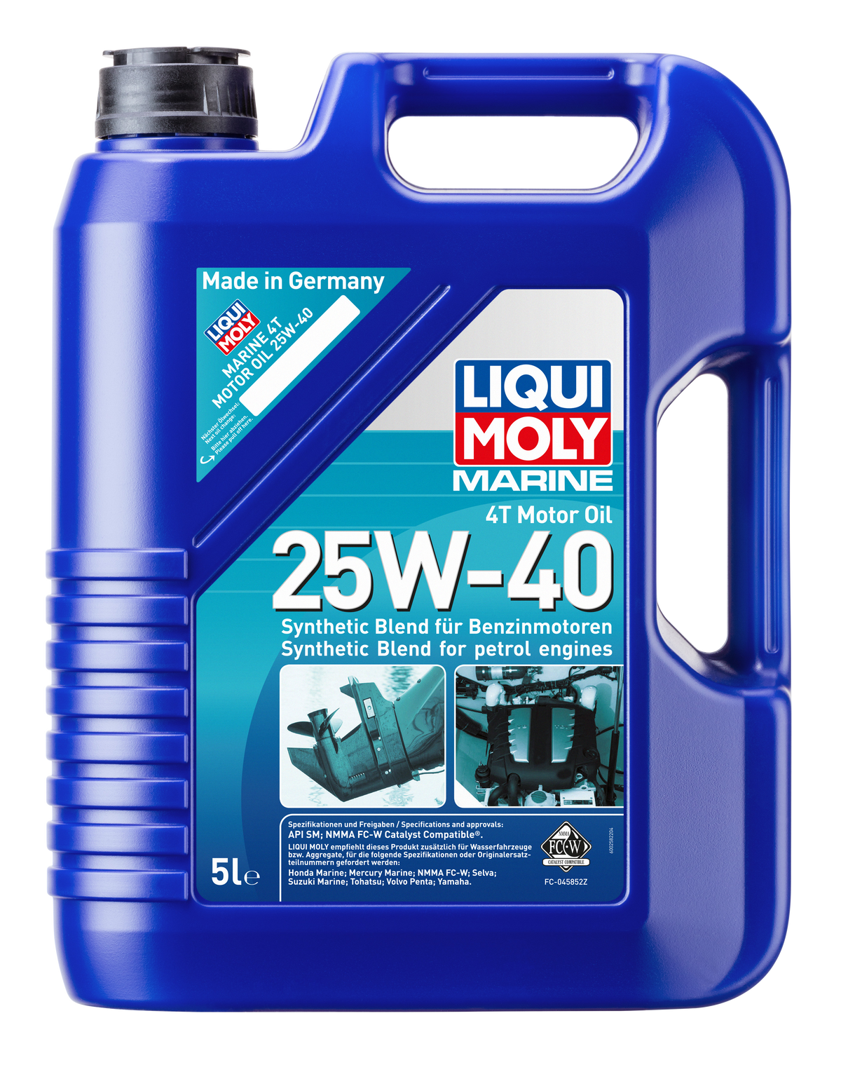 Liqui Moly Marine 4T Motor Oil 25W-40 container, marine engine oil by Liqui Moly, with marine engine and oil label visible.