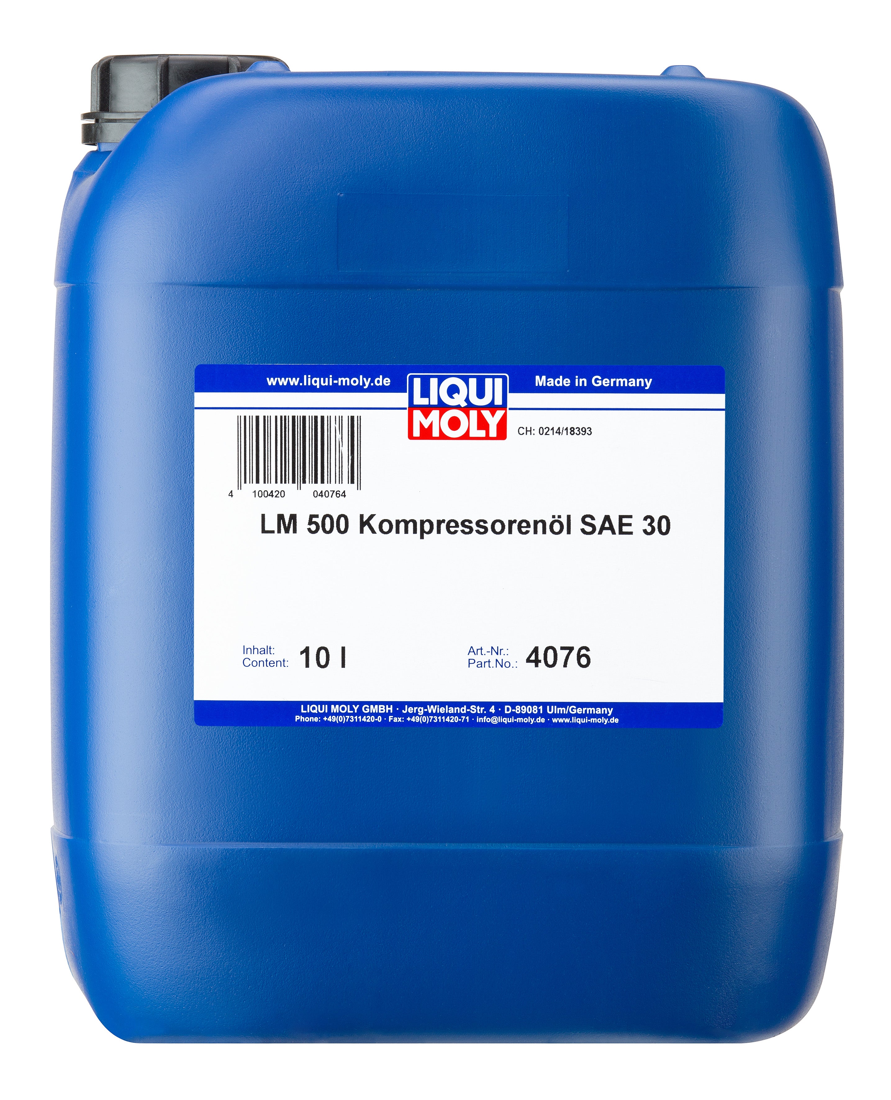 Liqui Moly LM 500 Compressor Oil SAE 30 10L bottle for commercial and agricultural use, with label visible.
