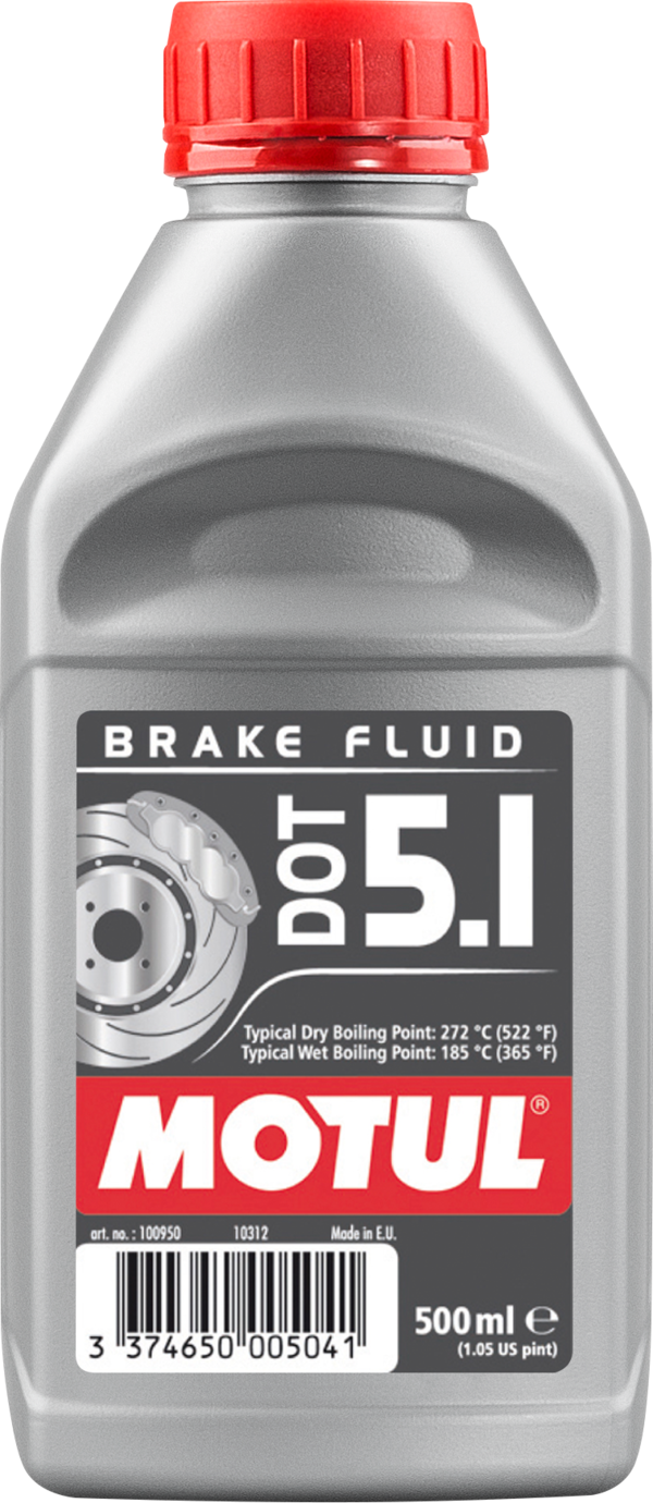 Motul Dot 5.1 brake fluid bottle with label, 500ml container for vehicle brake system maintenance.