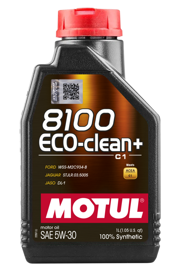 Motul 8100 Eco-Clean+ 5W-30 engine oil bottle, high-performance motor oil for vehicle engine maintenance