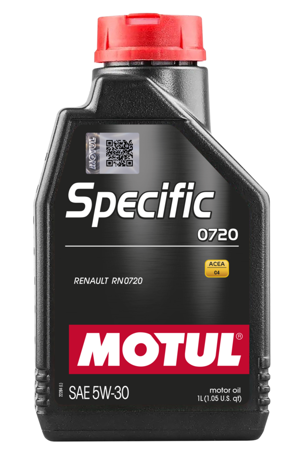 Motul Specific Engine Oil Renault 0720 5W-30 bottle, high-performance automotive motor oil with detailed label.