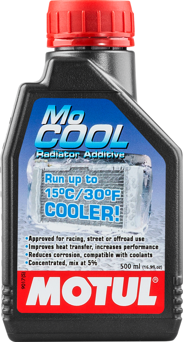 Motul MoCool radiator coolant additive 0.5 liter bottle showing the coolant liquid and packaging for automotive cooling system